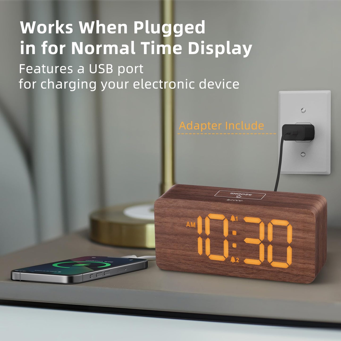 Wooden Digital Alarm Clocks for Bedrooms: Dimmable Dual Alarm Clock with Large Numbers for Bedside Desk - Loud Alarm for Heavy Sleepers with Volume Control - Wood Decor & Gifts