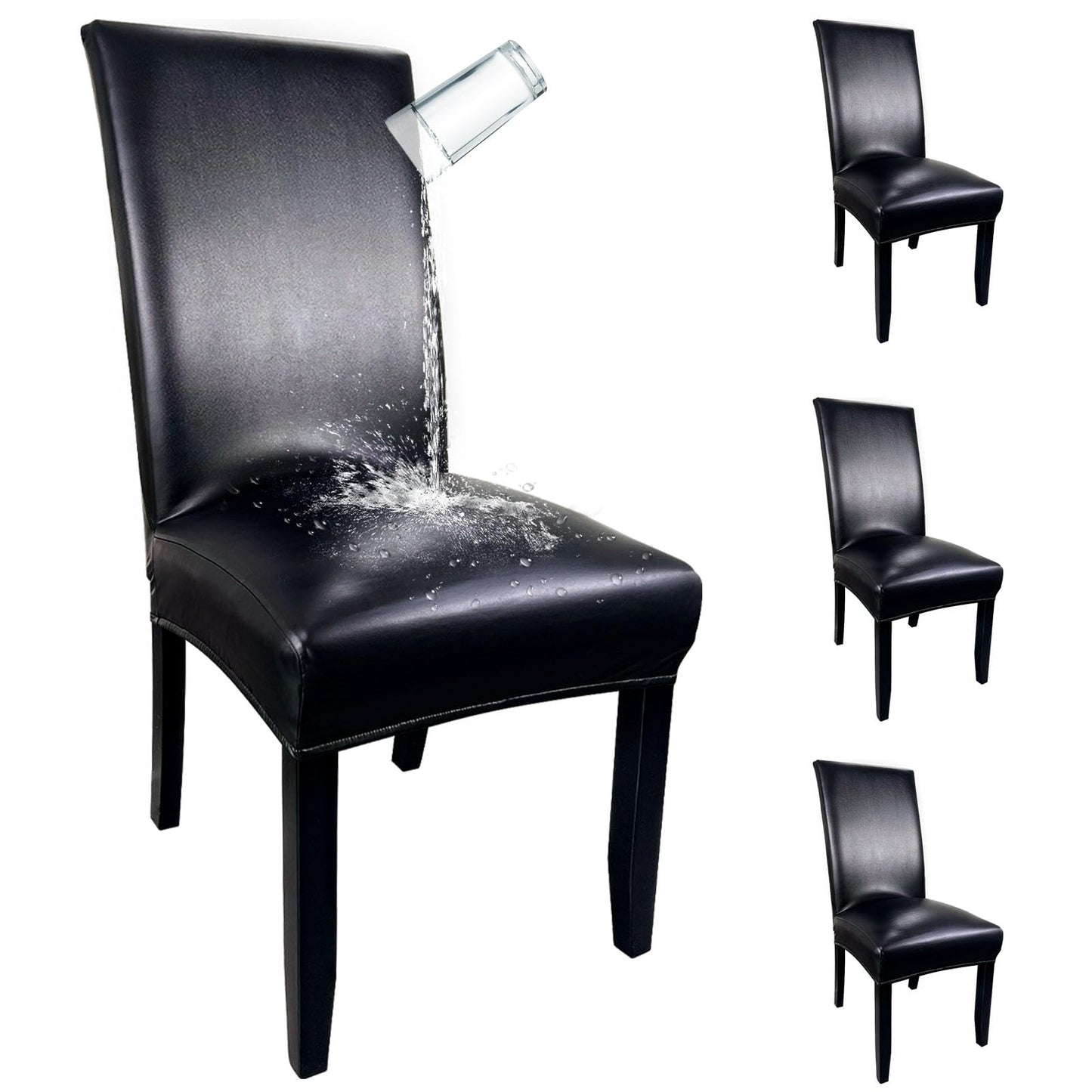 Pu Leather Chair Covers for Dining Chairs Set of 4, Waterproof Kitchen Chair Covers Protect Chairs from Stain, Soft & Elastic Parsons Chair Slipcover Well-Fitted for Dinning Room(Black, 4Pcs)
