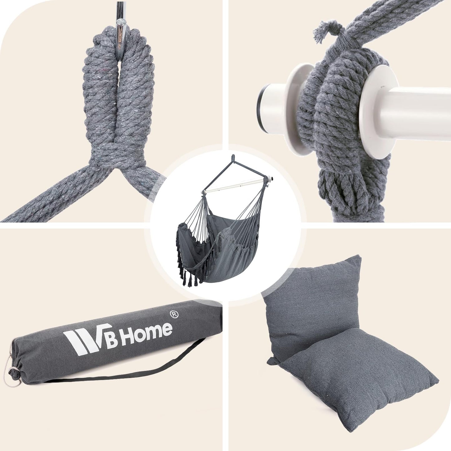 WBHome Extra Large Hammock Chair Swing with Hardware Kit, Hanging Macrame Chair Cotton Canvas, Include Carry Bag & Two Soft Seat Cushions, for Bedroom Indoor Outdoor, Max. Weight 330 Lbs (Grey)
