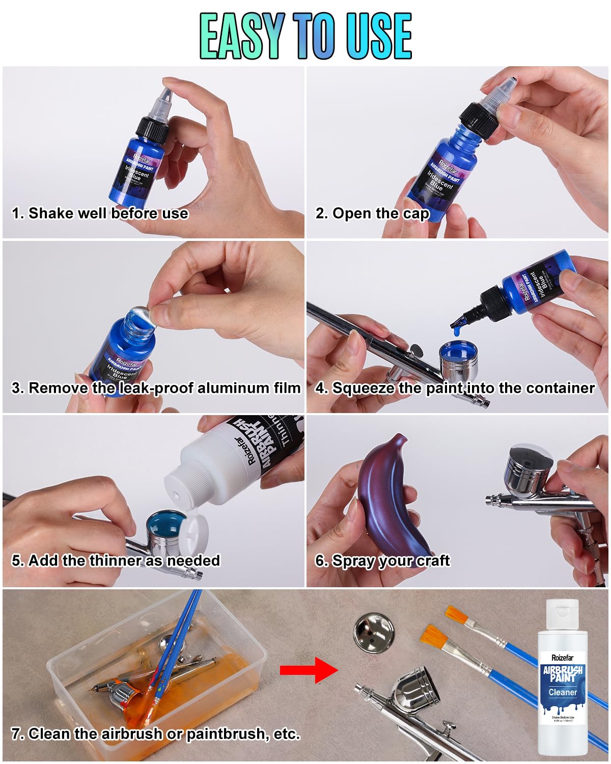 Roizefar Airbrush Paint, 36 Colors with 4.05 Fl Oz Thinner & 4.05 Fl Oz Cleaner, Water-Based Air Brush Paints Acrylic Ready to Spray, Includes Iridescent, Metallic, Neon, Classic Colors, 20ml/Bottle