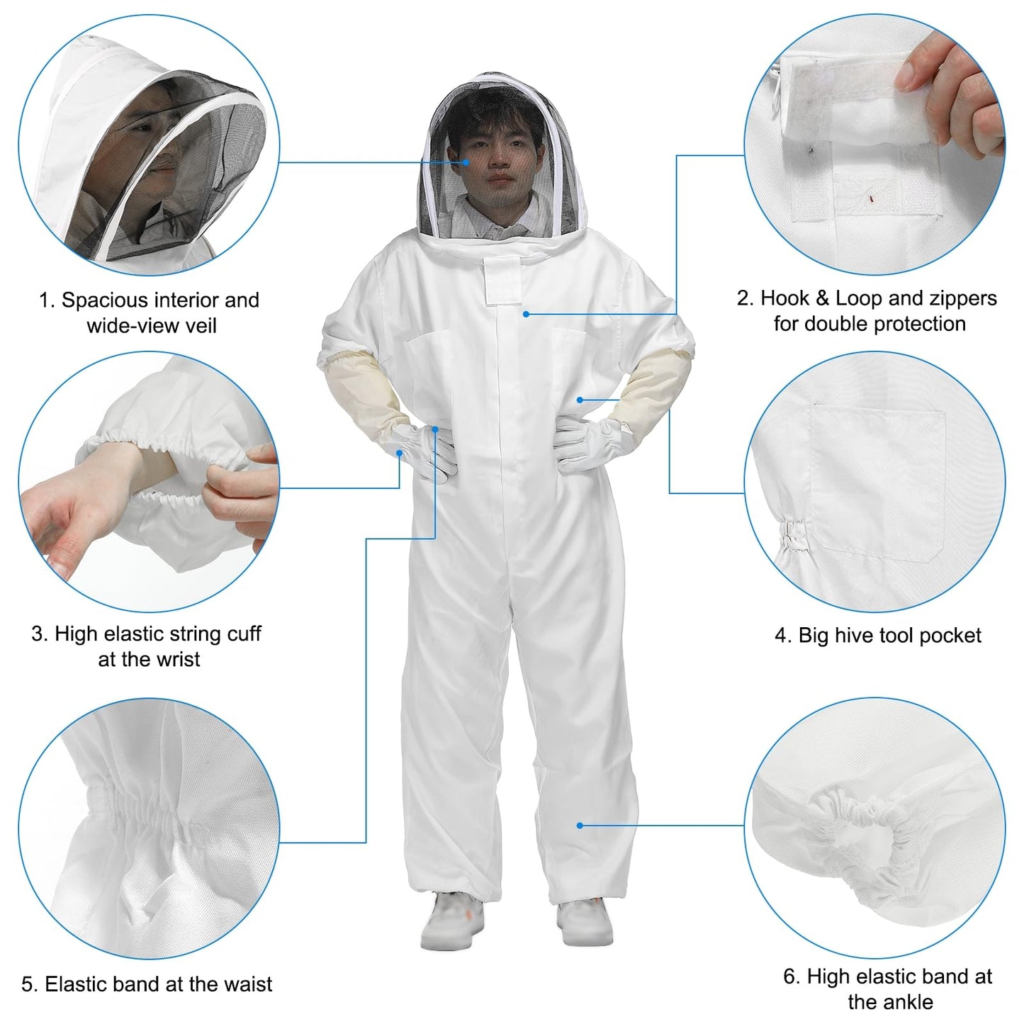 HARFINGTON Bee Suit for Men Women XXXL Beekeeping Suit Outfit with Gloves and Veil Hood (Jacket, Pants, Gloves) Bee Suits for Adult Backyard Professional and Beginner Bee Keeper,White