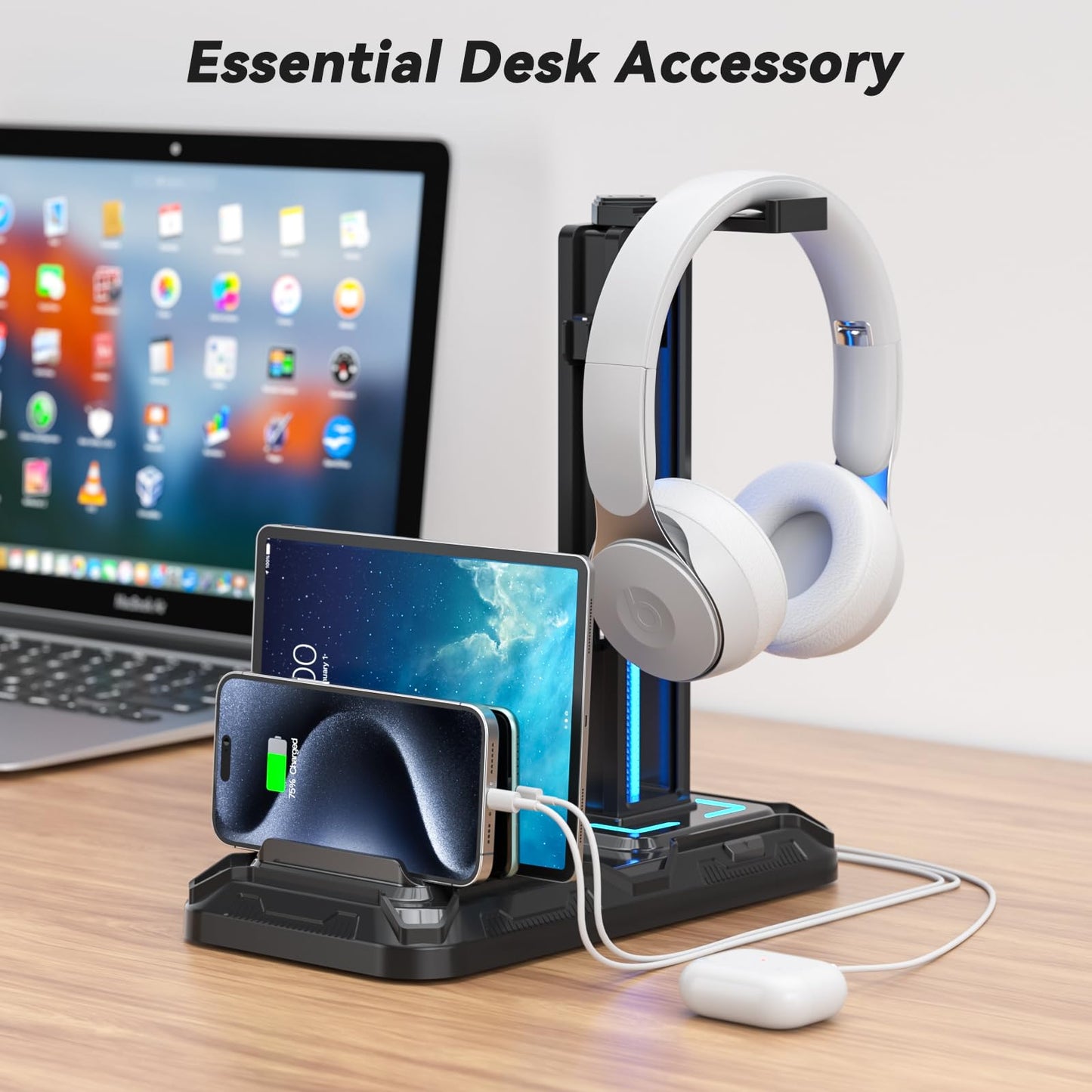 KDD Headset Stand with Phone Holder - Detachable Controller Holder with 9 Light Modes - Rotatable Headphone Hanger with USB Charging Ports - Earphone Hook for Gaming PC Accessories Storage(Black)