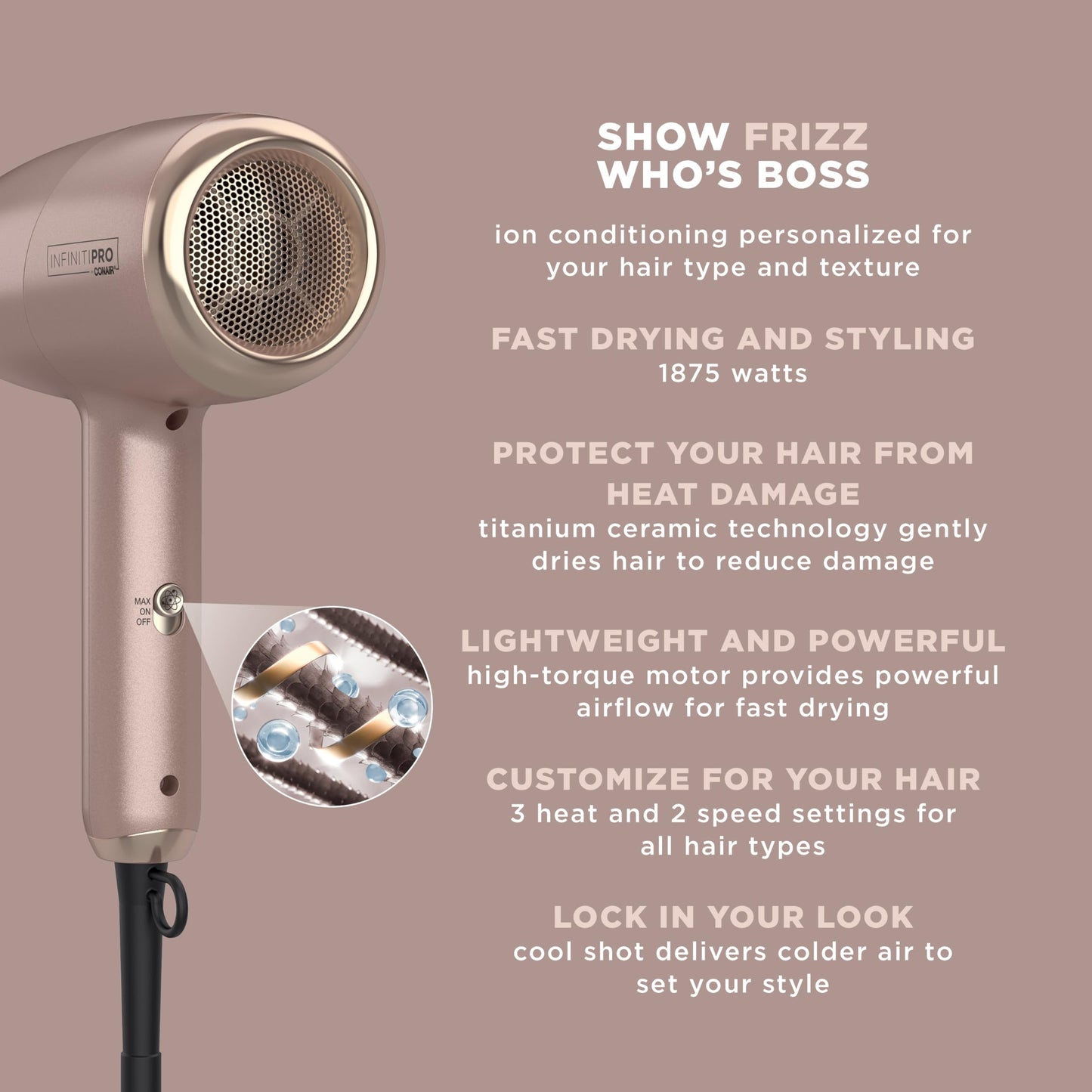 Conair Frizz Free Flex Dryer, Quick Style & Shine Blow Dryer, with Diffuser and Concentrator