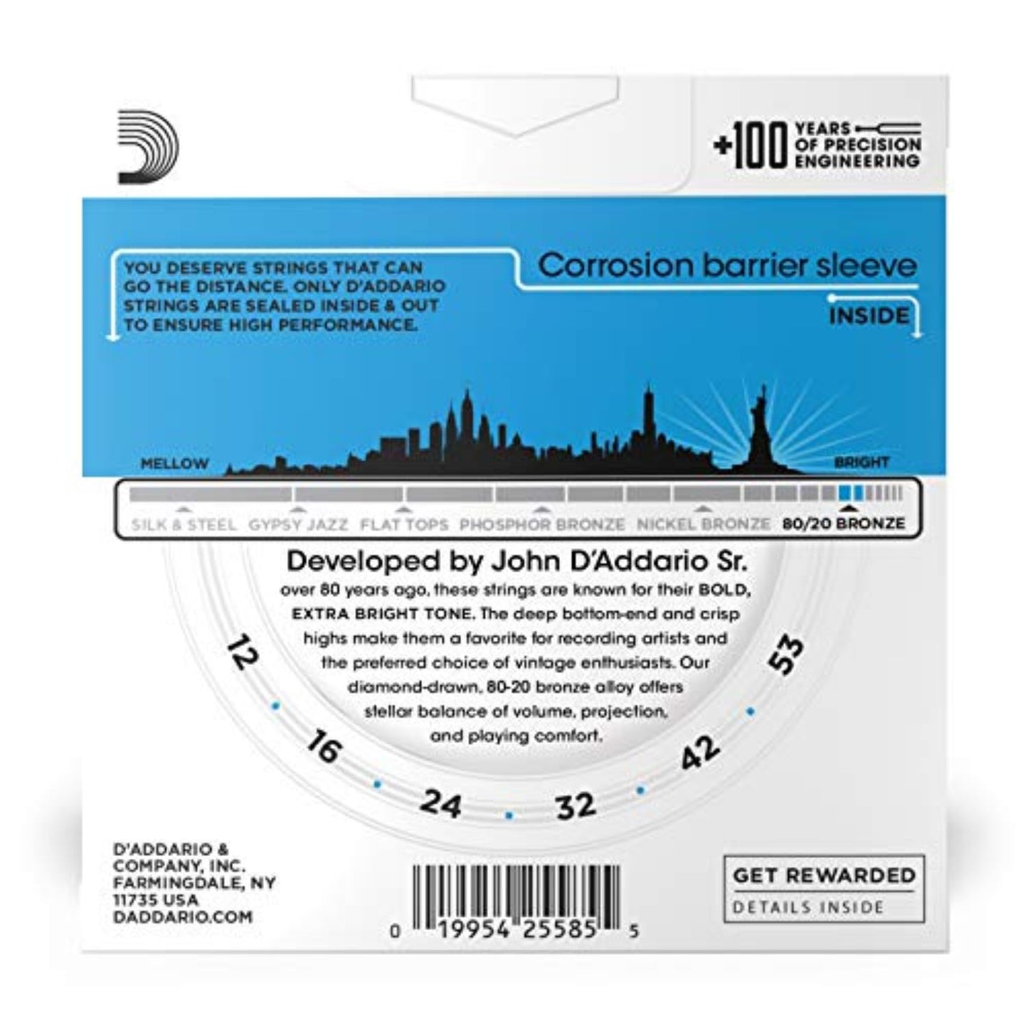D’Addario Guitar Strings - Acoustic Guitar Strings - 80/20 Bronze - For 6 String Guitar - Deep, Bright, Projecting Tone - EJ11-3D - Light, 12-53 - 3-Pack