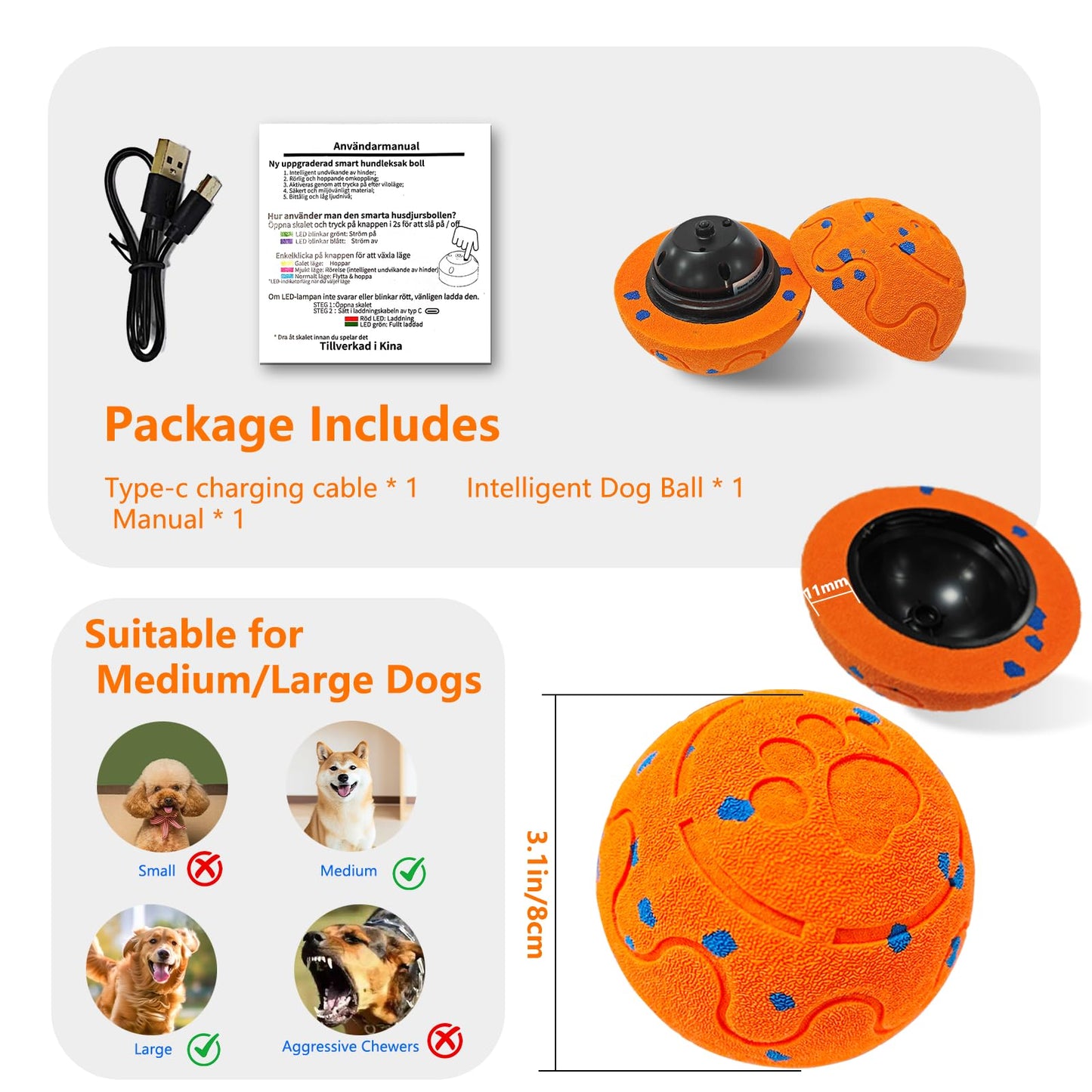 Huimpet Interactive Dog Ball, Automatic Moving, Bouncing Chew Toys, Wicked Balls with 3 Modes, E-TPU Vibrating Dog Ball for Medium and Large Dogs, IP54 Waterproof, Birthday Gifts for Dogs(Orange)