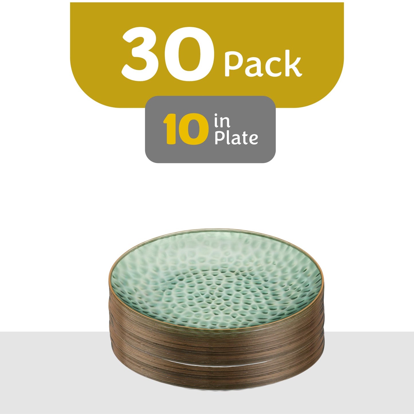 PLASTICPRO 30 Pack Hammered Plastic Plates Heavyweight Disposable Plastic Plates Elegant Clear Hammered Rim Platsic Party Dishes (Hamered Green With Gold Rim, 10'' INCH PLATES)