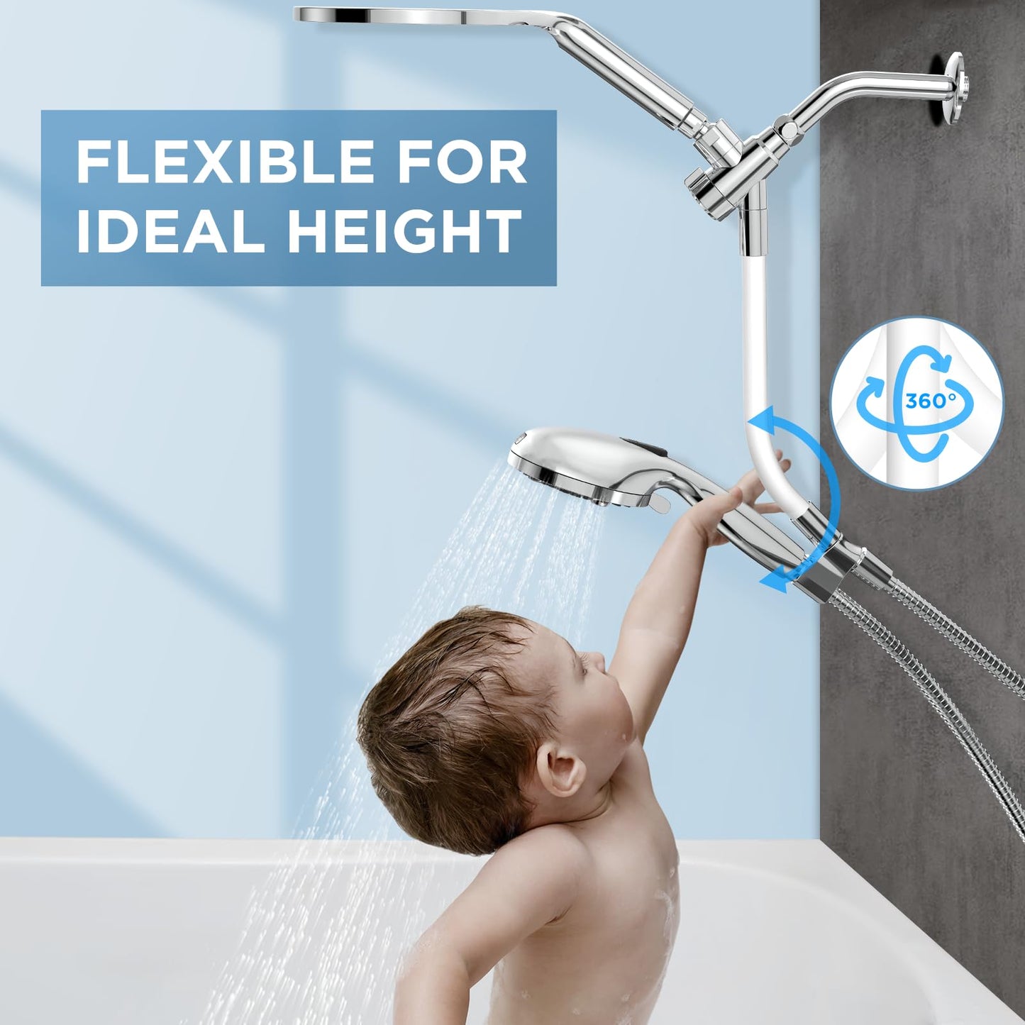 MakeFit Rain Shower Heads System, 3-Spray Dual Shower Head with Solid Brass Adjustable Bar, Rainfall Showerhead with 10 Settings High Pressure Handheld Spray, Buit-in Power Wash Mode (Chrome)