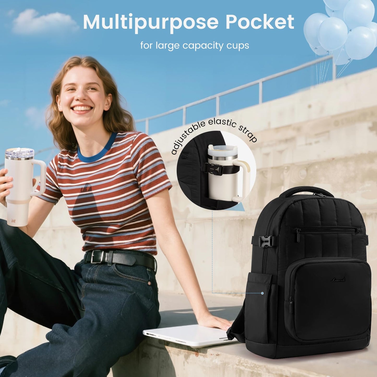 LOVEVOOK Laptop Backpack for Women with Pouch Pocket for Large Capacity Cup,15.6 Inch Lightweight Puffer Computer Laptop Bag,Quilted Womens Work Travel College Teacher Backpack Purse Daypack,Black