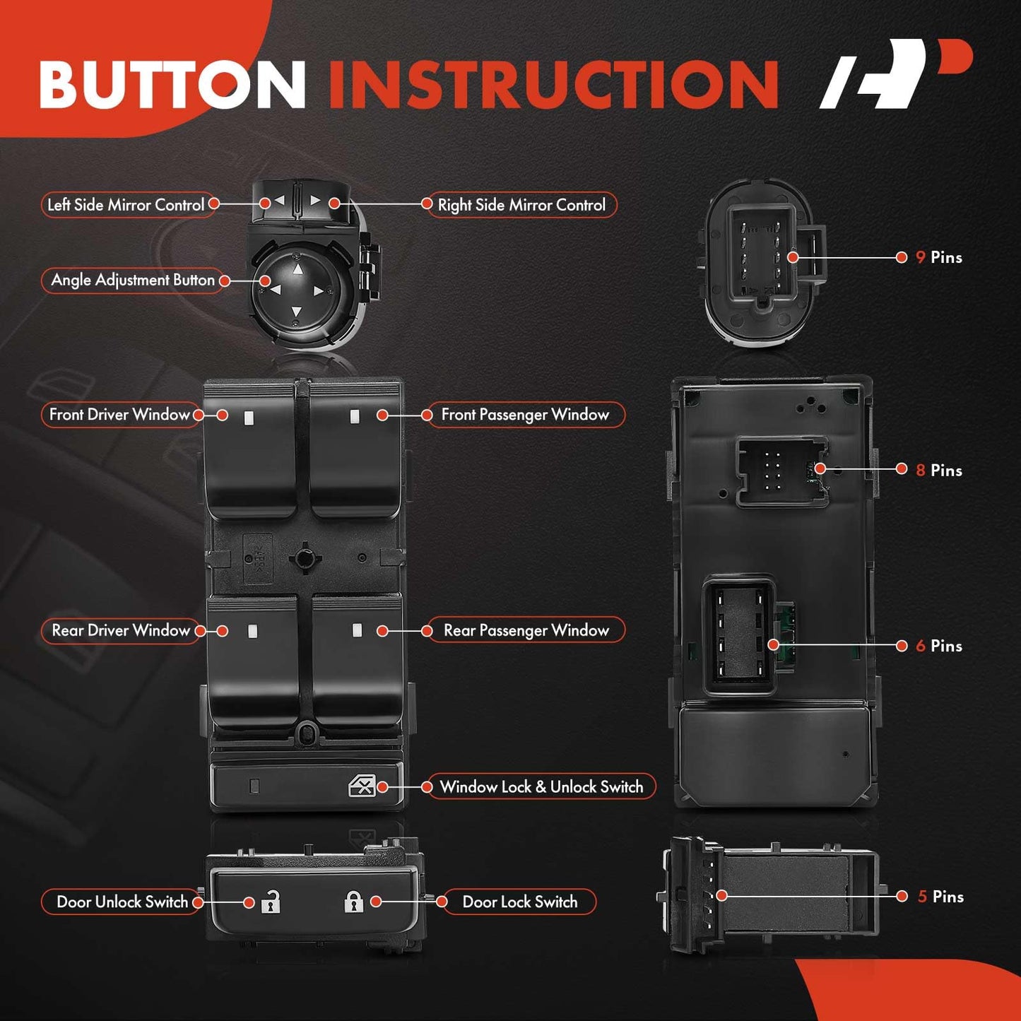 A-Premium Power Window Control Switch Button & Front Driver Side Door Lock Switch & Mirror Switch - Compatible with Chevy Silverado GMC Sierra 1500 2500HD 3500HD - 07-14 - # 25789692 25778970 15804093