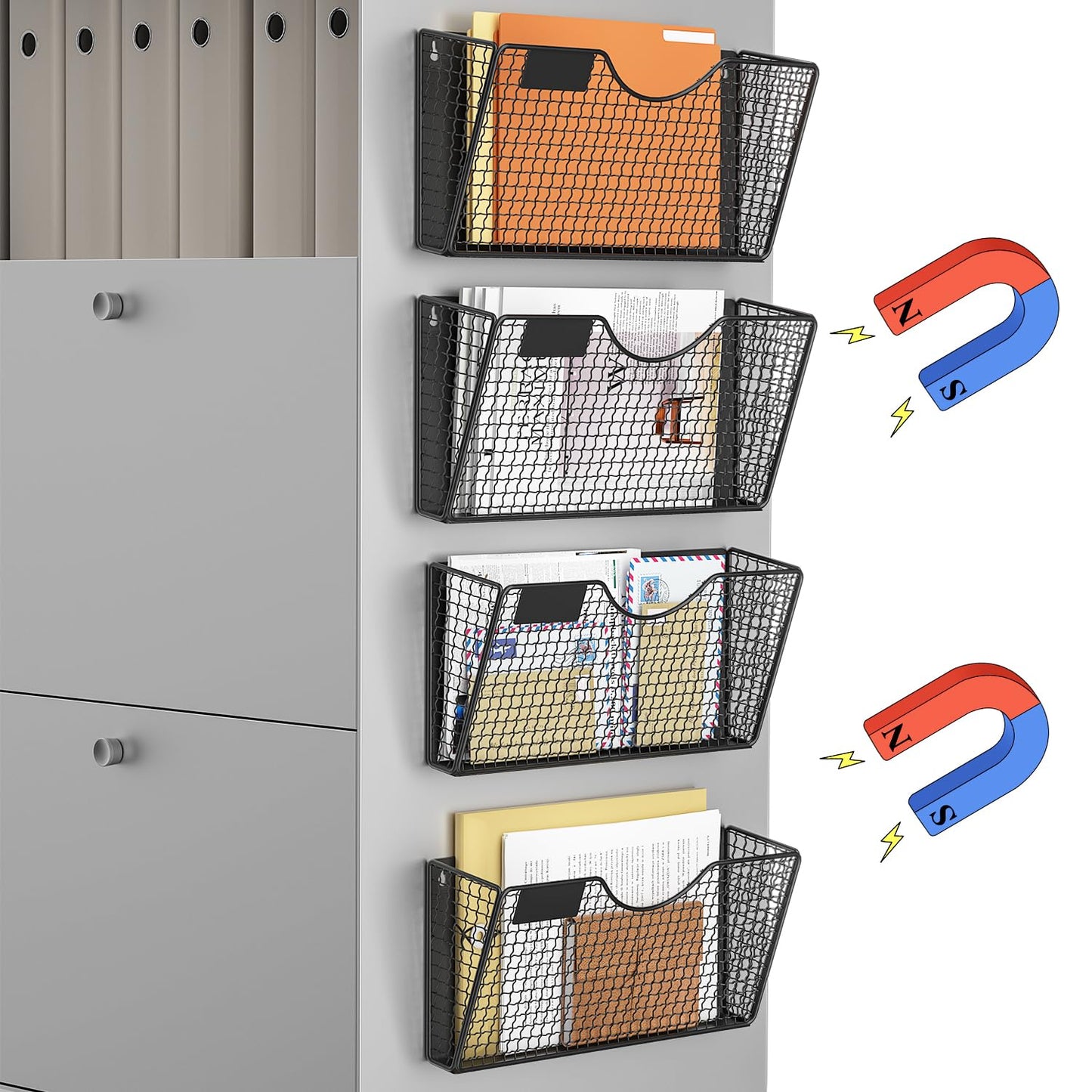 MFTEK Magnetic File Holder, 4 Pockets Magnetic File Folder Holder No Drilling Magnet Paper Mail Organizer Magazine Basket, Hanging Wall Storage Rack for Fridge Cabinets Office Classroom