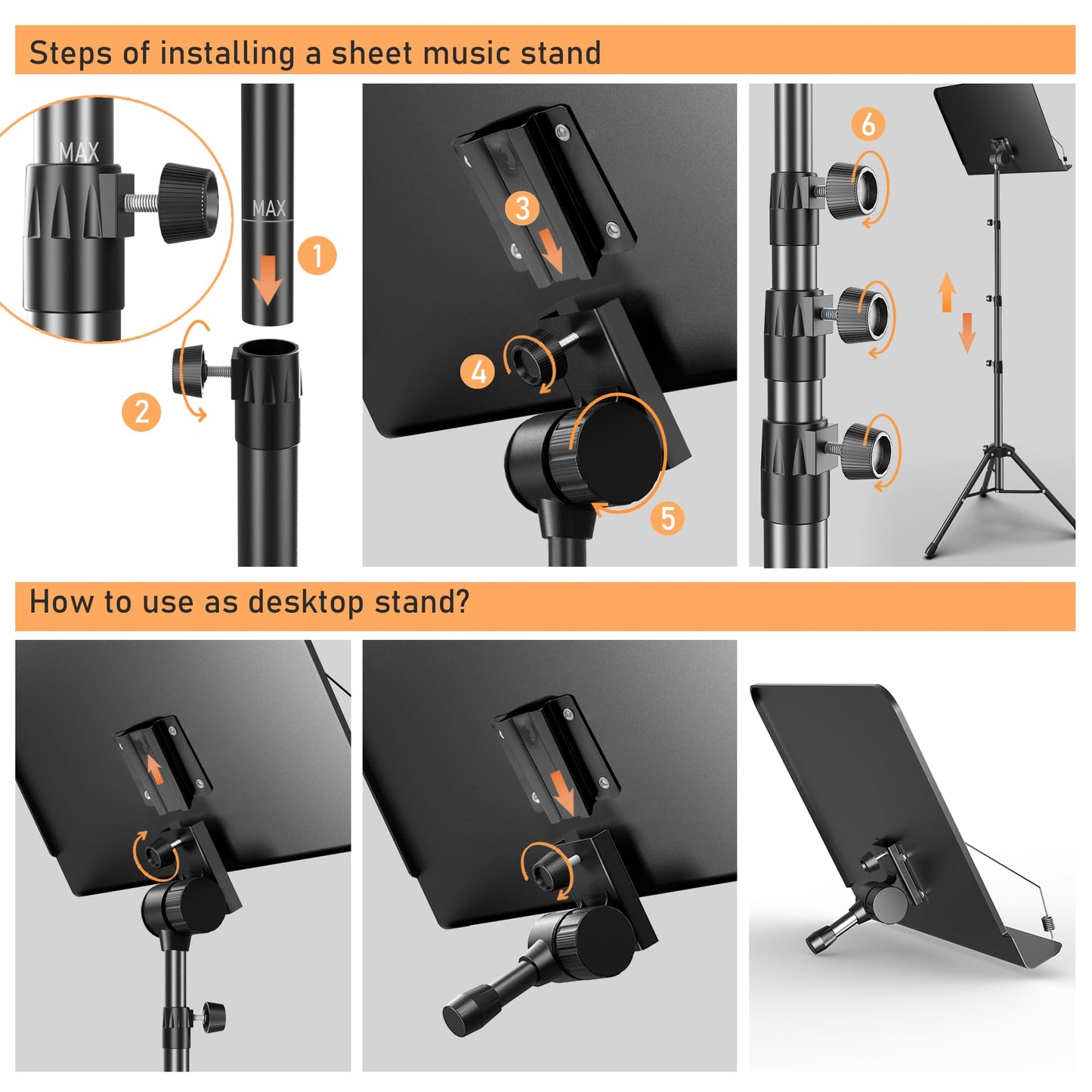 5 in 1 Dual-use Sheet Music Stand & Desktop Book Stand, Height Adjustable from 23.6-59 in, Folding Music Stand with Portable Carrying Bag, Sheet Music Folder & Rechargeable Music Stand Light