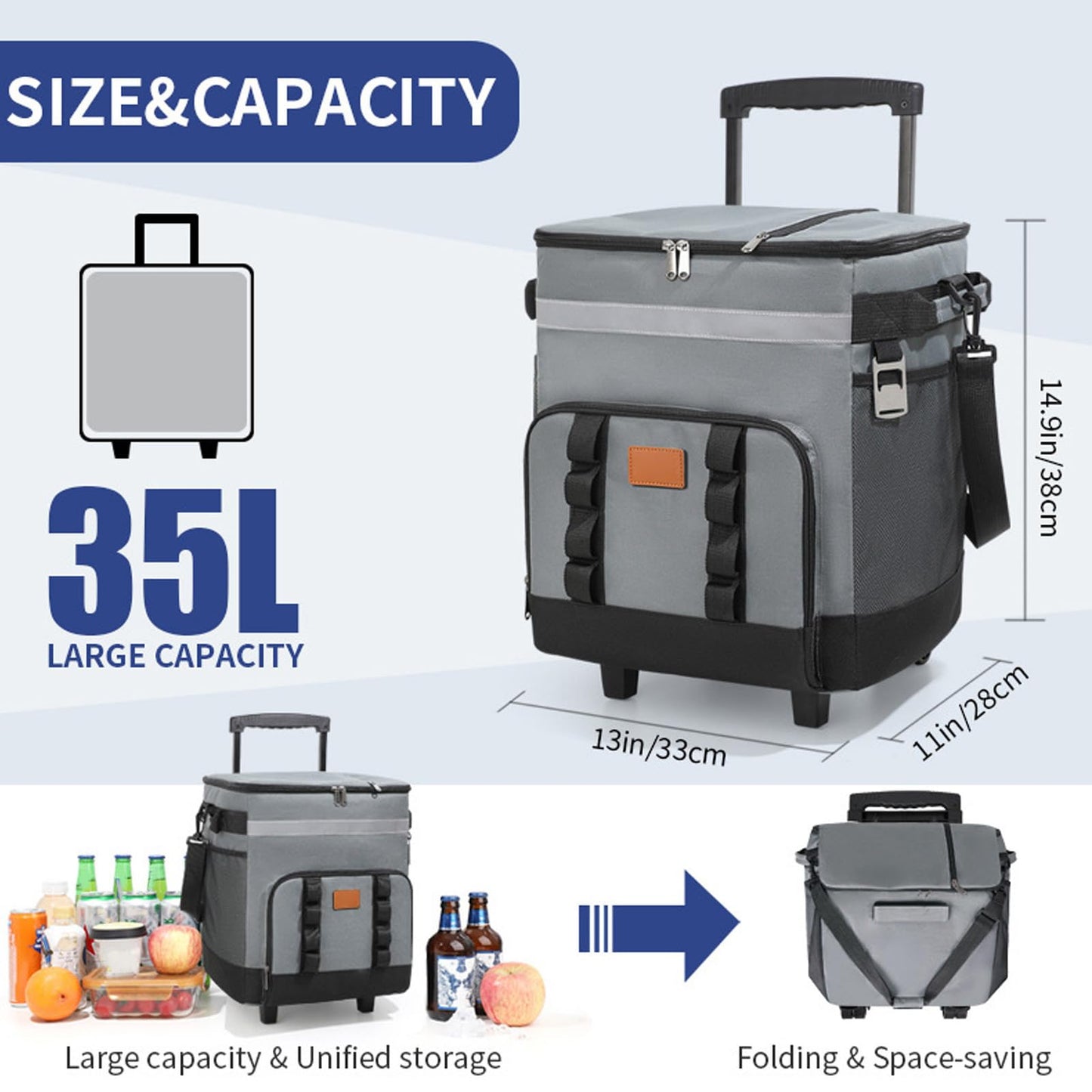 Denash 35L Rolling Cooler, Insulated Lunch Bag Rolling Wheeled Cooler with 3 Layer Insulation, with Wheels and Handle, for Beach Camping Patio Travel Outdoor
