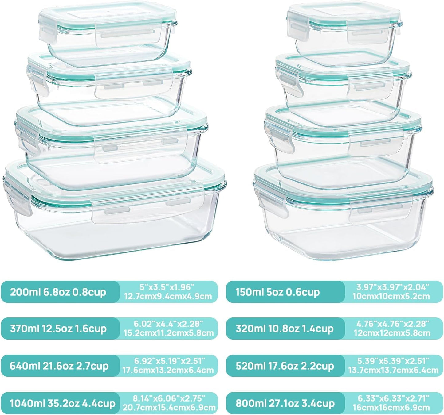 Vtopmart 8 Pack Glass Container Food Storage, Glass Meal Prep Containers with Lids, Airtight Lunch Boxes with Leak Proof Locking Lids, for Microwave, Oven, Freezer and Dishwasher, Green
