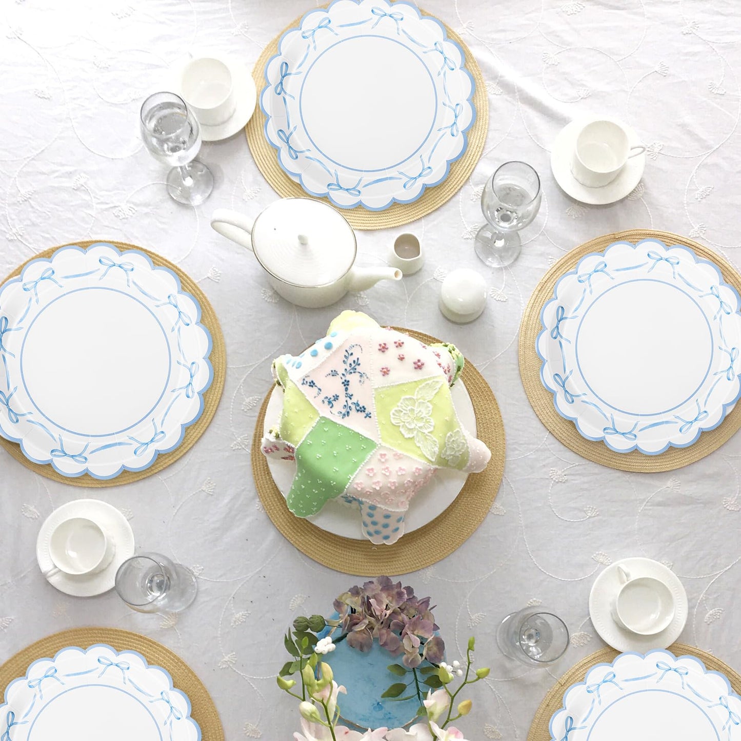 JarThenaAMCS 50Pcs Blue Bow Paper Plate Scalloped Bowknot Baby Shower Disposable Plate 9 Inch Decorative Dinner Plates for Birthday Party Table Decor