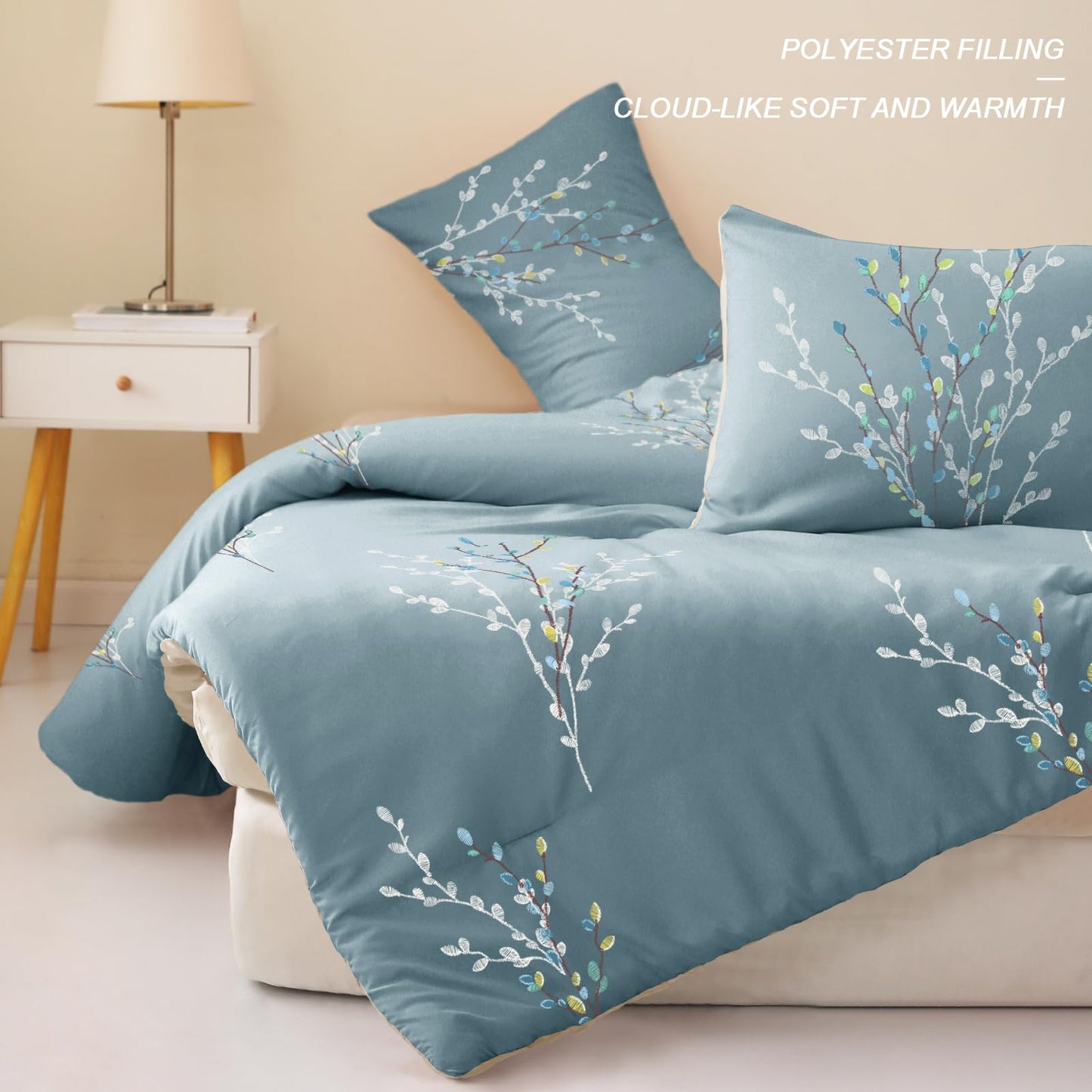 Exclusivo Mezcla 3-Piece King Size Comforter Set, Microfiber Bedding Down Alternative Comforter for All Seasons with 2 Pillow Shams, Floral Pattern, Blue