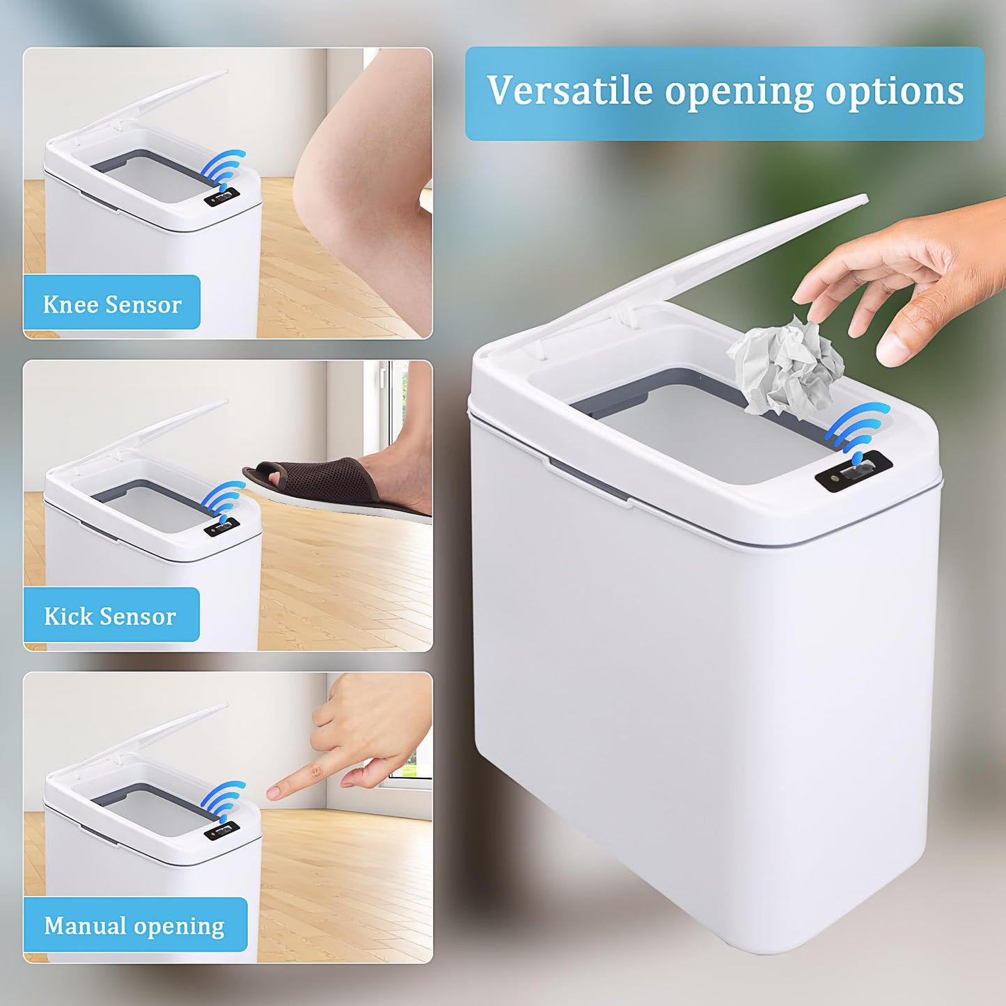 3 Pack Bathroom Trash Can with Lid Touchless Automatic Garbage Can 2.6 Gallon Slim Waterproof Motion Sensor Smart Trash Can Small Plastic Trash Bin for Kitchen Office Living Room Toilet Bedroom White