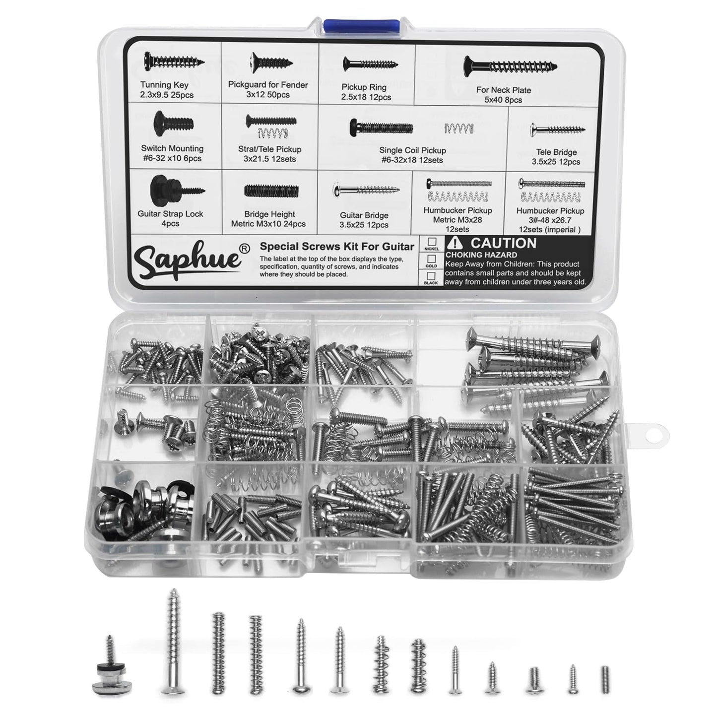 SAPHUE Guitar Screw Kit,201pcs Telecaster Kit, Pickguard Screws， Switch Plate Screws,For Fender/Tele/Strat/Sq,Tuner,Machine Head, Neck Plate,Guitar Strap End Pins,Pickup,Bridge, Guitar Repair Kit