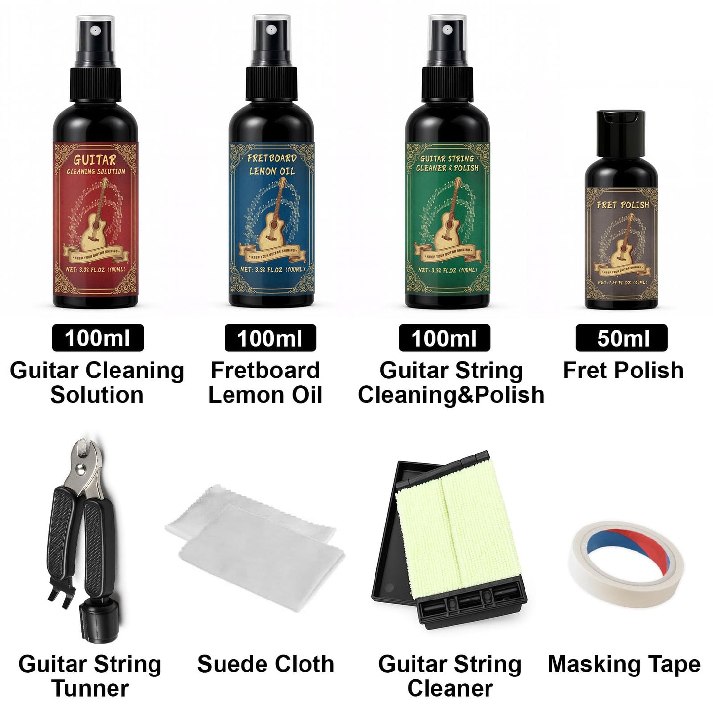 9pcs Guitar Cleaning Kit with Fret Polish, Guitar Cleaner Prevents Wear, Fading, and Cracking, While Keeping Your Instrument in Its Best Appearance and Sound Quality at All Times