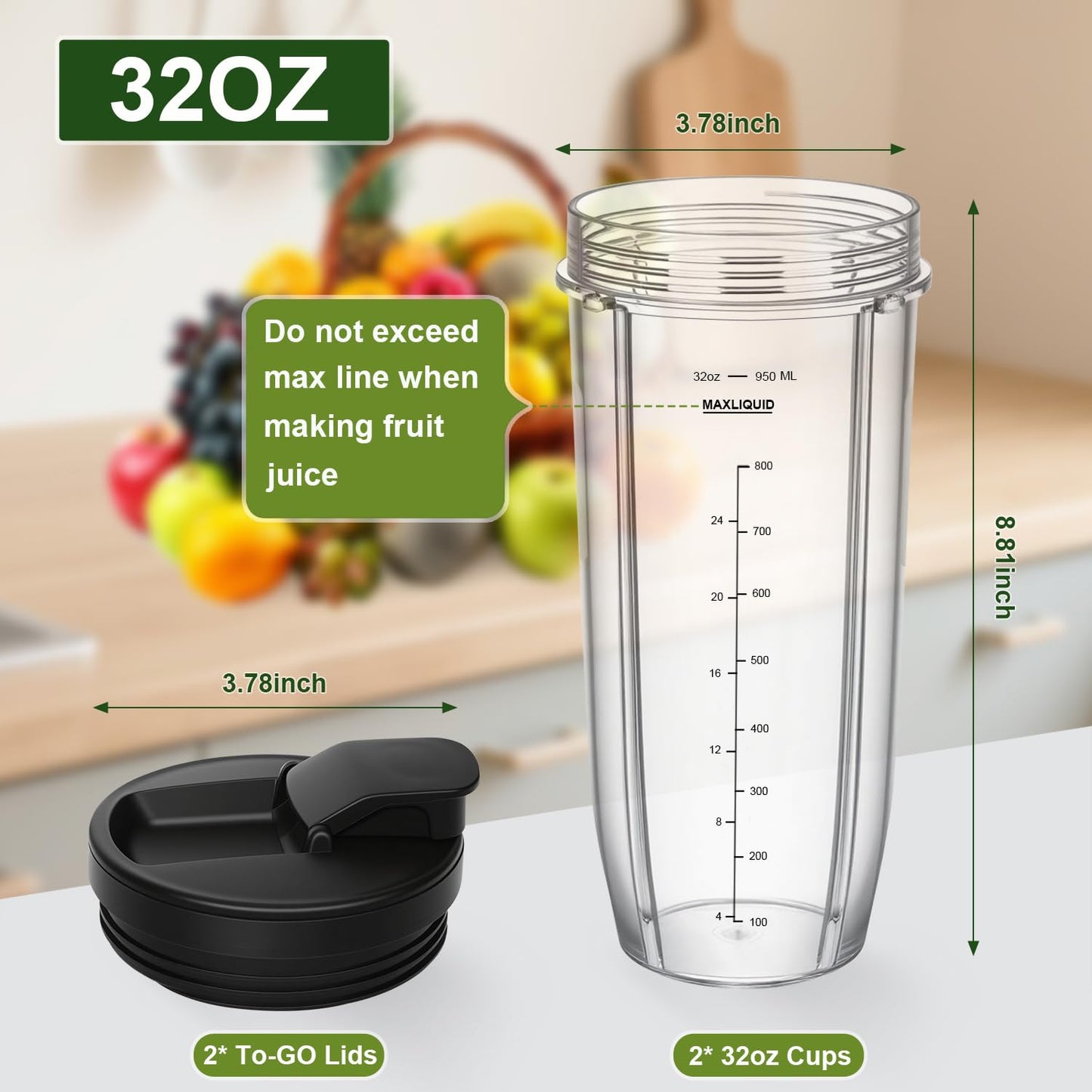 32OZ Replacement Parts For Ninja,2Pack Fit For Nutri Ninja Replacement Cups with Sip & Seal Lids,950ML(32oz) Measuring Scale Cup Mug, FIT for Nutri Ninja Auto IQ Series Blenders
