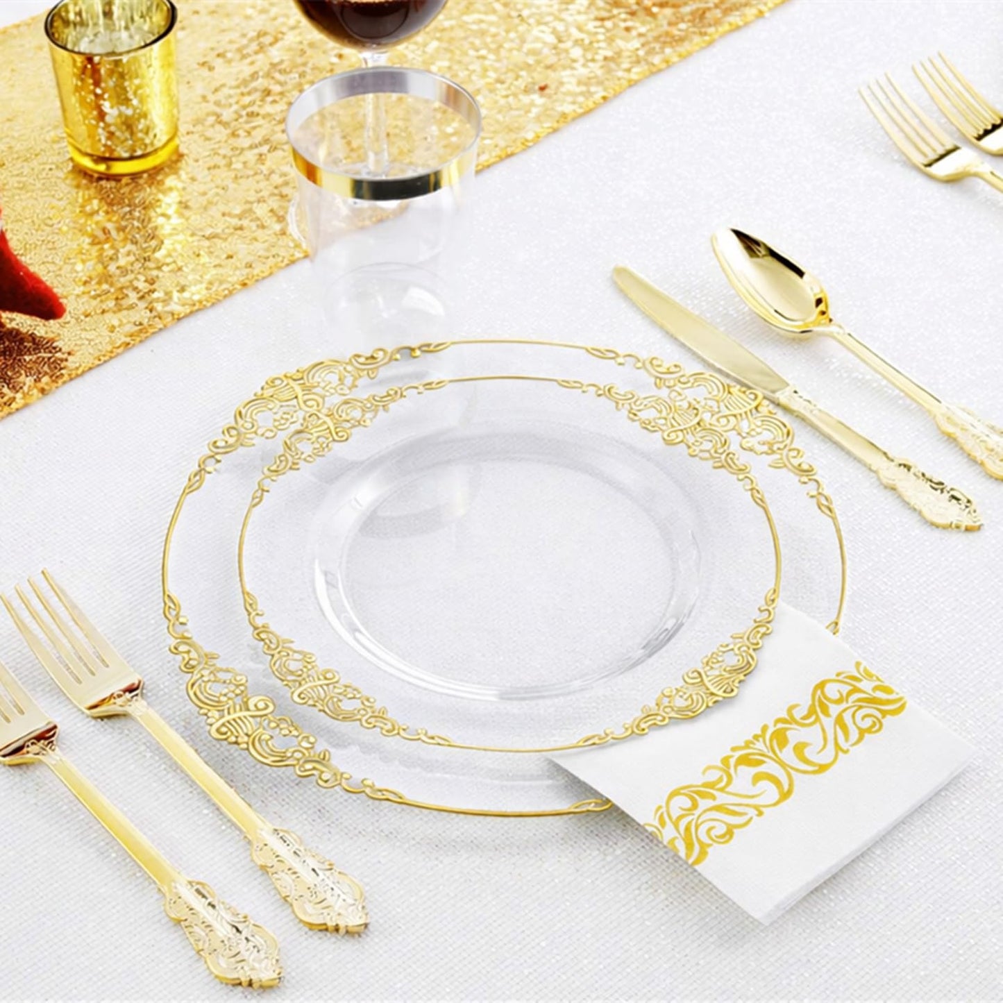 51 Set Clear Plastic Plates with Gold Rim, 10 Inch Dinner Plates and 7.5 Inch Dessert Plates for Wedding, Christmas, Shower, Gathering