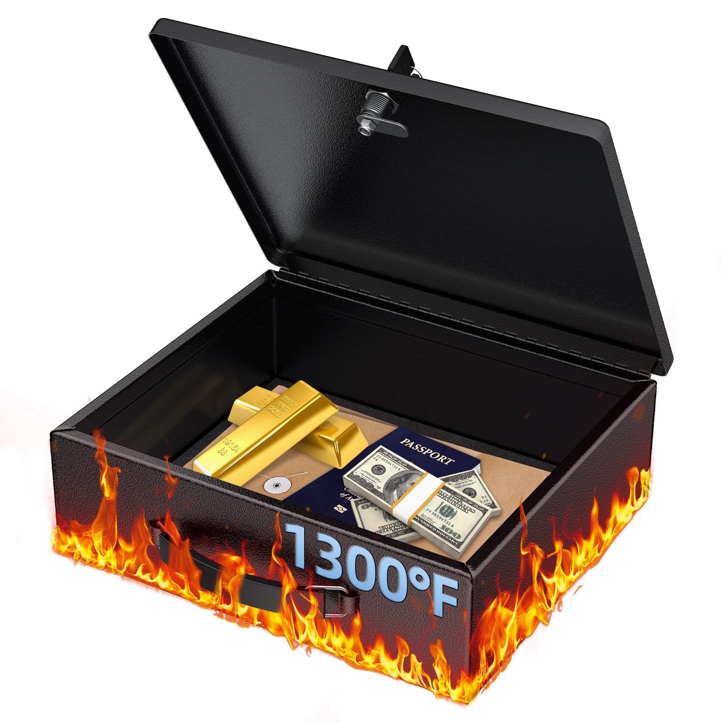 Uniclife Fireproof Document Box with Key Lock and Handle, 33x27x10cm, Large Locking Box for A4 Paper, Waterproof Safe Box for Valuables, Passport and Cash, Portable Security Metal Chest