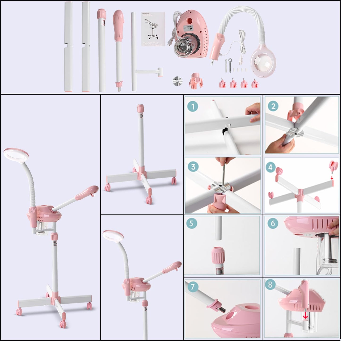 Professional Facial Steamer, 2In1 Face Steamer on Wheels for Facial Deep Cleaning, SPA Facial Steamer for Esthetician with 5X Magnifying Lamp, Stand Face Steamer with Time Setting, Pink