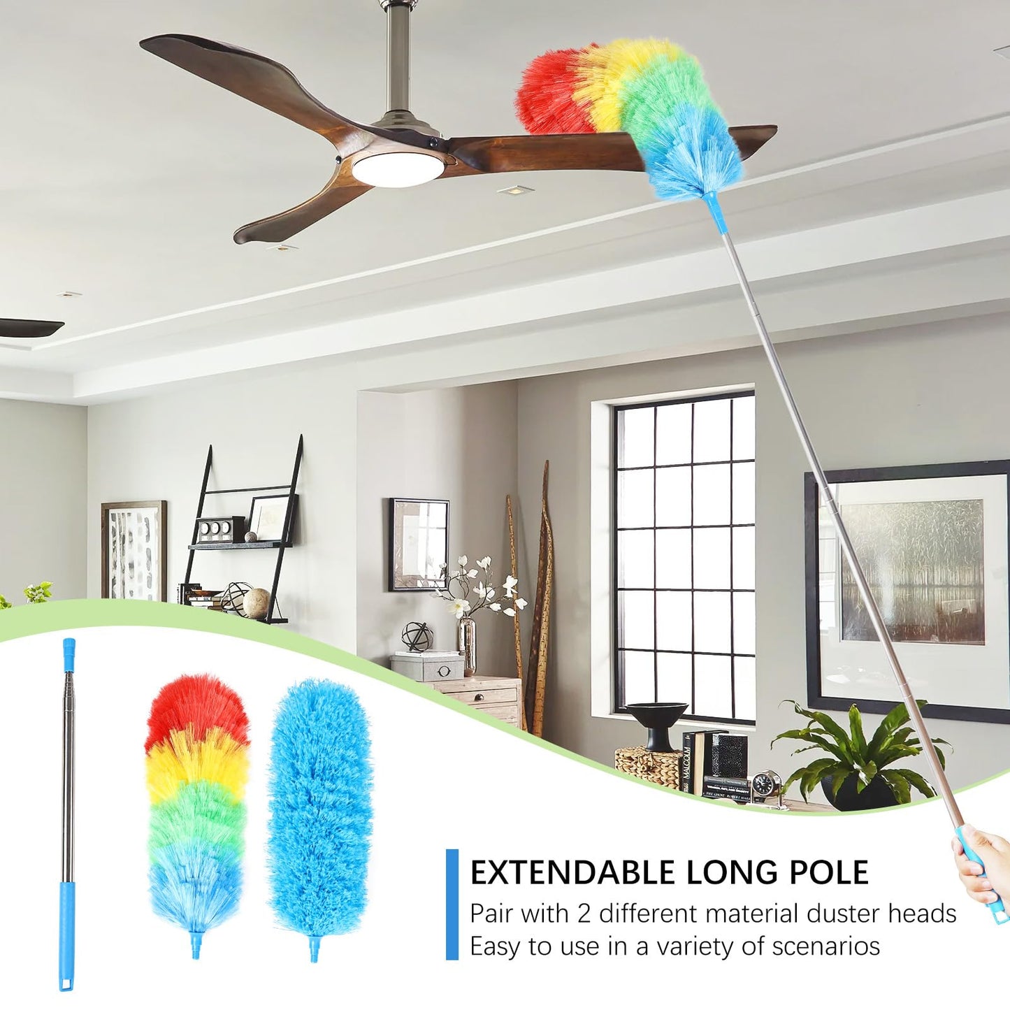 iHUFeather Extendable Rainbow Duster Electrostatic Bendable Microfiber Duster for Cleaning, Dust Cleaner, Cobweb Duster, Air Condition (2pcs)