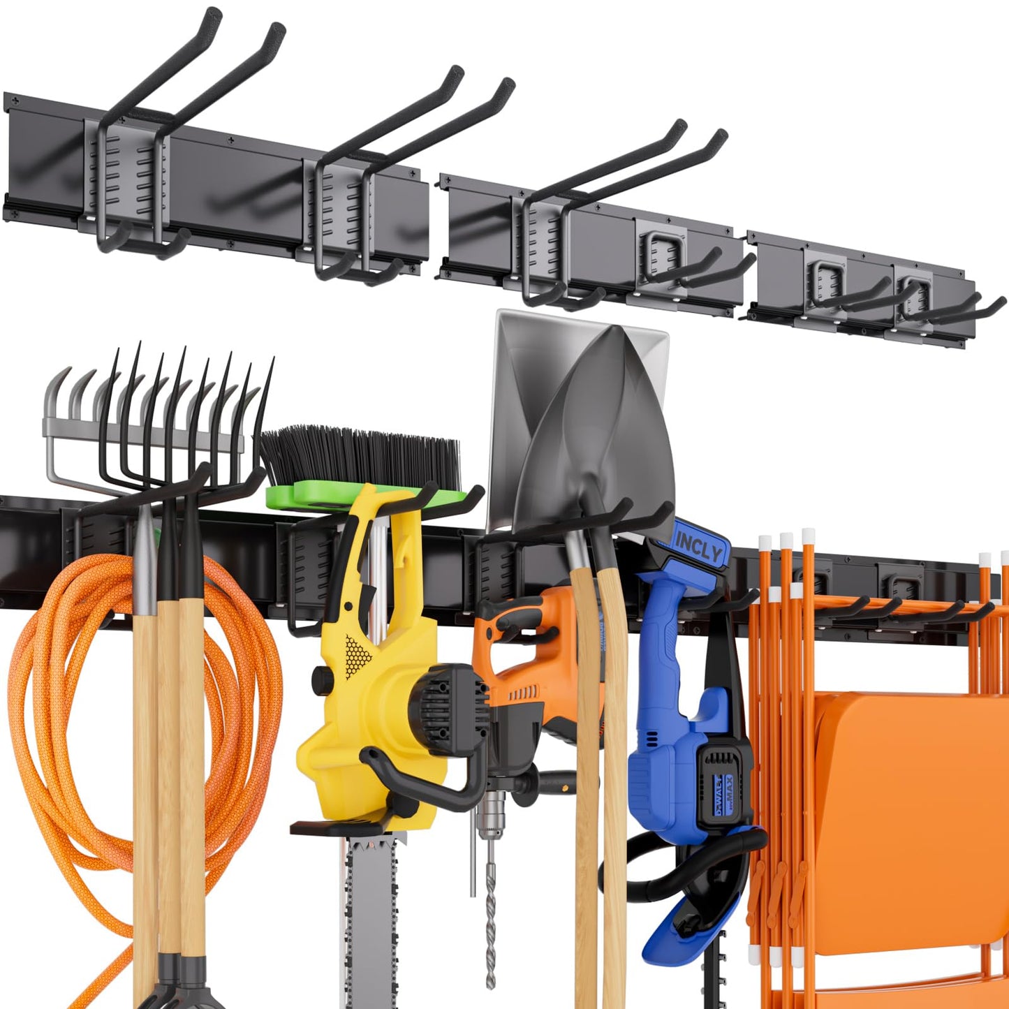 INCLY Garage Tool Wall Organizer Storage, 48 Inch Heavy Duty Garden Tool Storage Rack Garage Organization with 6 Adjustable Metal hooks, 3 Tracks for Tool Hanging Max Load 390lbs