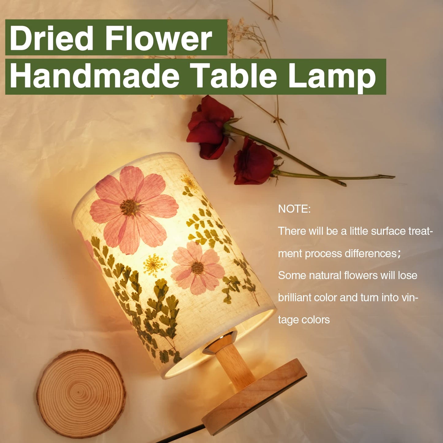 Floresita Dried Flowers Table Lamp 9W LED Dimmable Warm Light Pressed Flower Bedside Lamp Linen Shade with Wood Base for Bedroom Living Room Desk Office