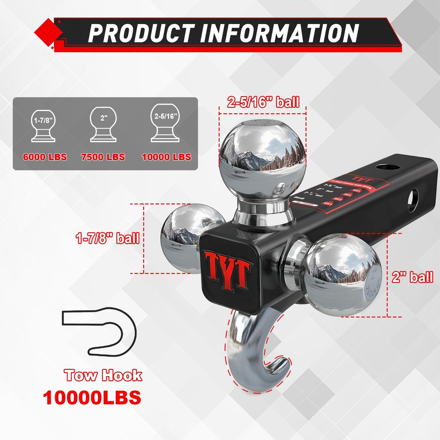 TYT Trailer Hitch Tri Ball Mount with Tow Hook,Fits 2 inch Receiver,Triple Balls (1-7/8", 2", 2-5/16"),10,000 lbs GTW,1,000 lbs TW,with Hitch pin