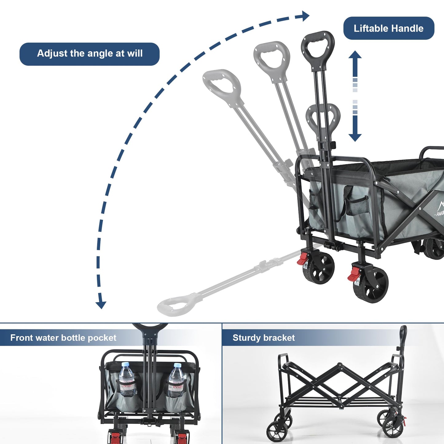 AMAZINGHOME Wagon Cart Foldable - 100KG Weight Capacity Folding Wagon with 5 Inch Silent Brake Universal Wheels, Adjustable Handle, Portable Garden Cart with Cup Holder for Camping, Picnic