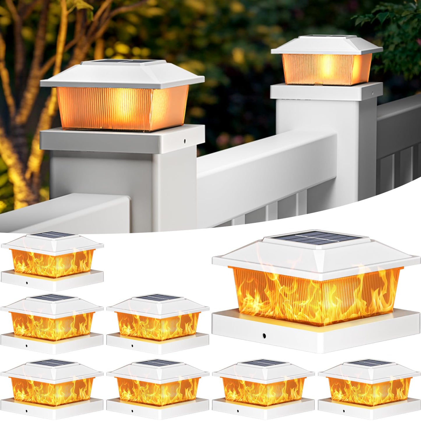 btfarm 8 Pack 4x4 Solar Post Caps Lights with 12 LED, 2 Modes Fence Post Solar Powered Lights, Waterproof Deck Solar Lights Outdoor Fits Vinyl Wooden Post for Patio Garden, Flame (White)
