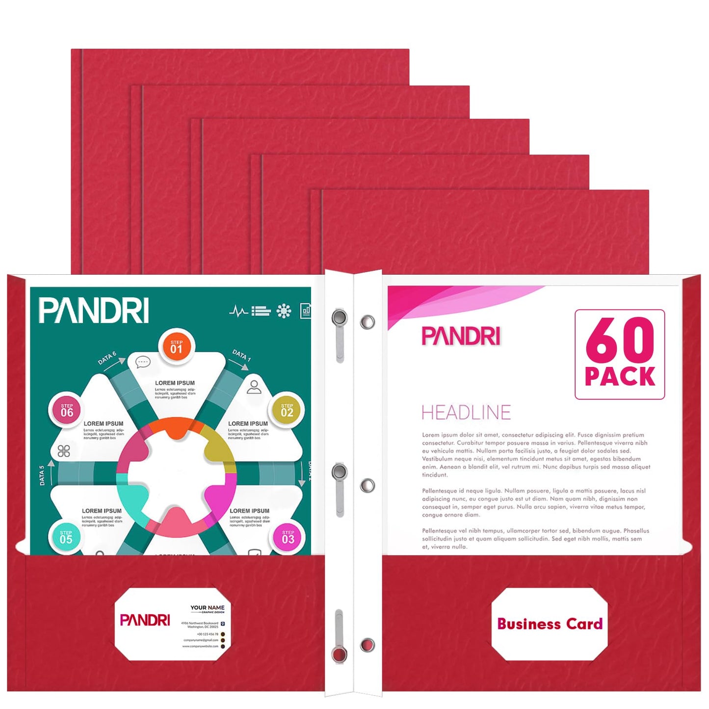 Two Pocket Folders, PANDRI 60 Pack Two Pocket Folders with Prongs, 3 Prong Folders Designed for Office and Classroom, Letter Size Red