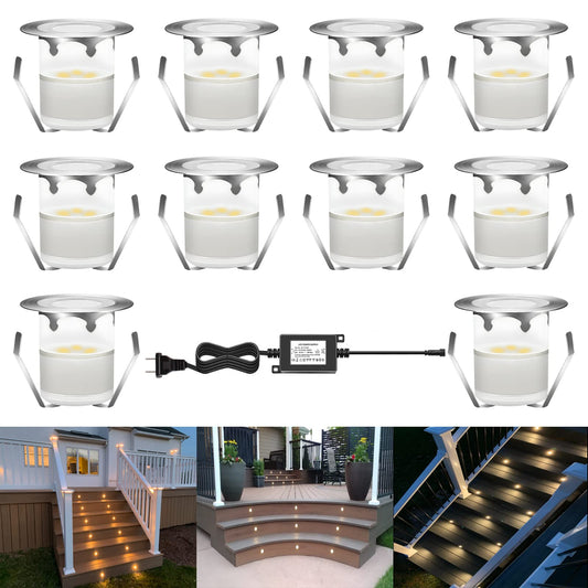 CISLAN LED Outdoor Deck Lights Kits, Warm White Φ30mm Low Voltage 12V DC IP67 Waterproof, Electric Wired Recessed Round Landscape Lighting for Exterior Yard Stair Step Floor Riser, 10 Pack Silver