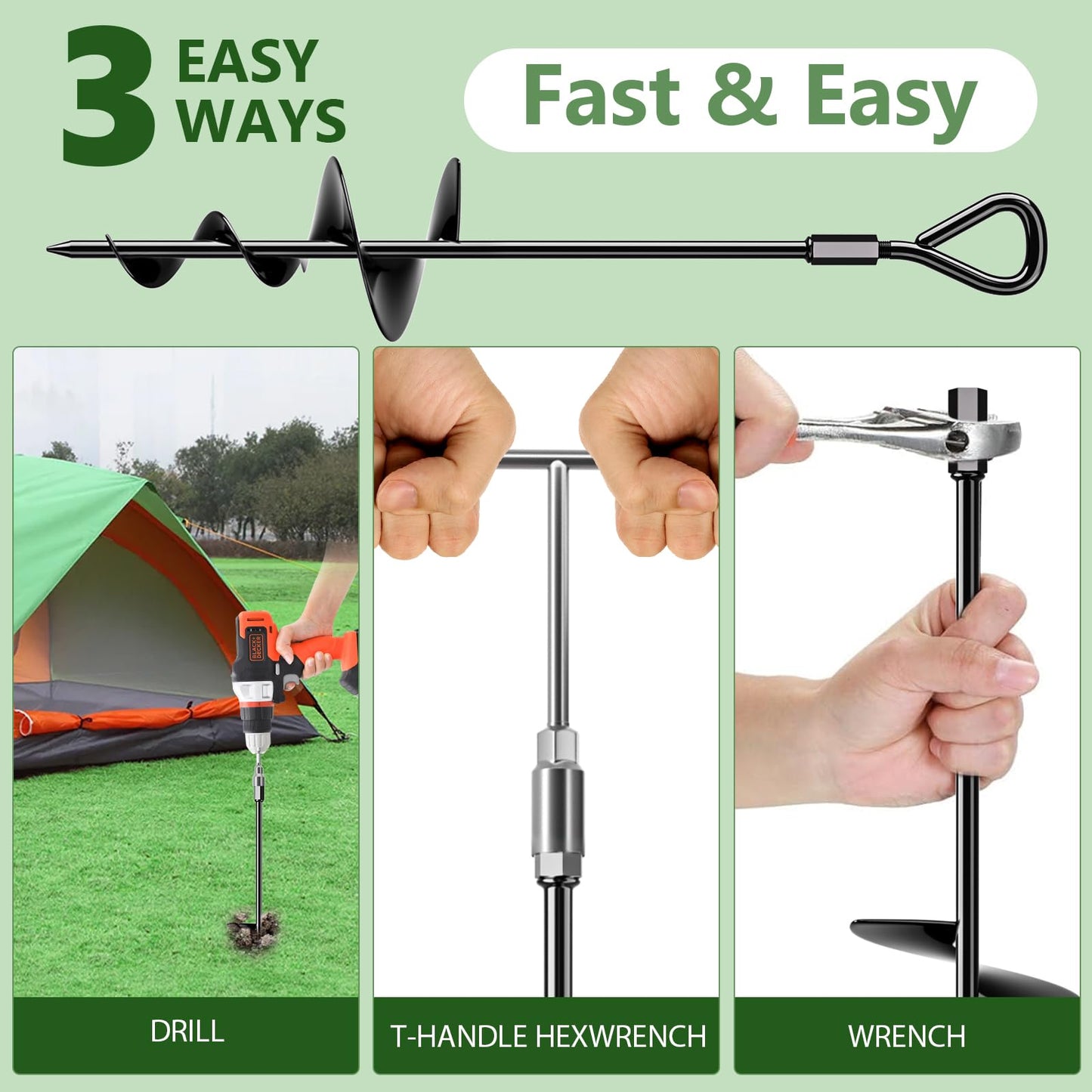 Phopich 6 Pack 18" Long Ground Anchor, Heavy Duty Earth Anchors 18 inch Ground Anchors Screw in Kit with T-Handle Hex Wrench for Camping Tent, Swing Sets, Securing Animals, Sheds, Trampoline