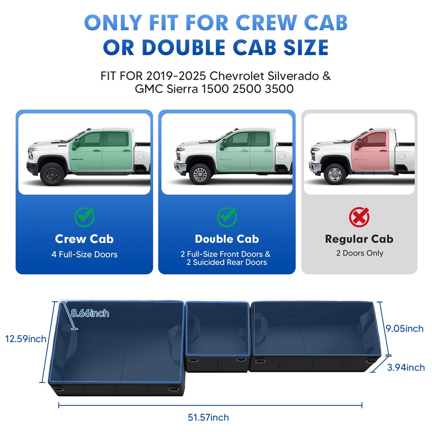 Detachable Under Seat Storage Box for 2019-2025 2026 Chevy Silverado/GMC Sierra 1500 2500HD 3500HD Crew Cab/Double Cab, Foldable Truck bed Organizer 2025 Silverado 1500 Accessories