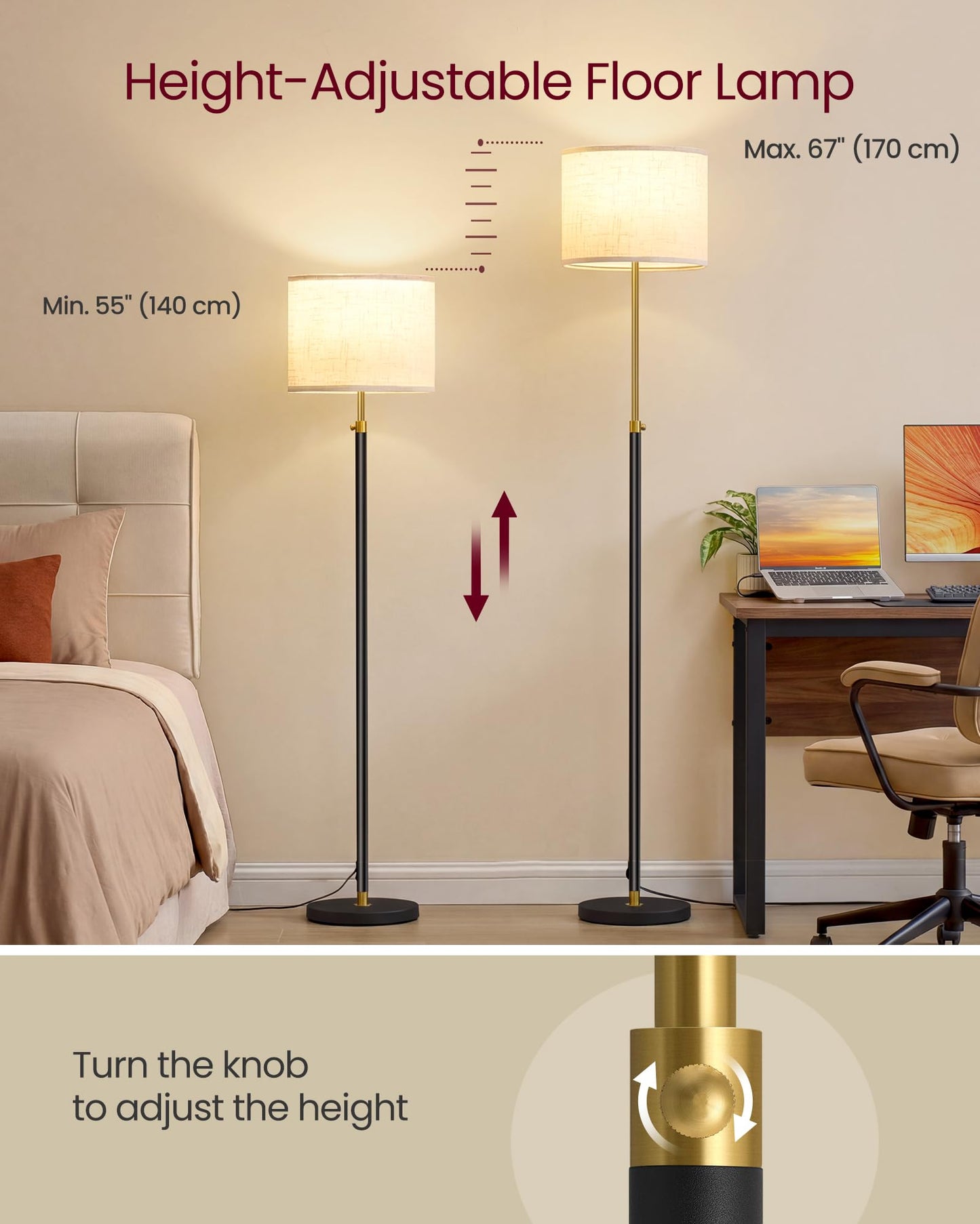 VASAGLE Floor Lamp for Living Room, Adjustable Height 140-170 cm, Modern Standing Lamp with Foot Switch, Fabric Lampshade, E27 Socket, with Remote Control, Gold and Black LFL005BD01
