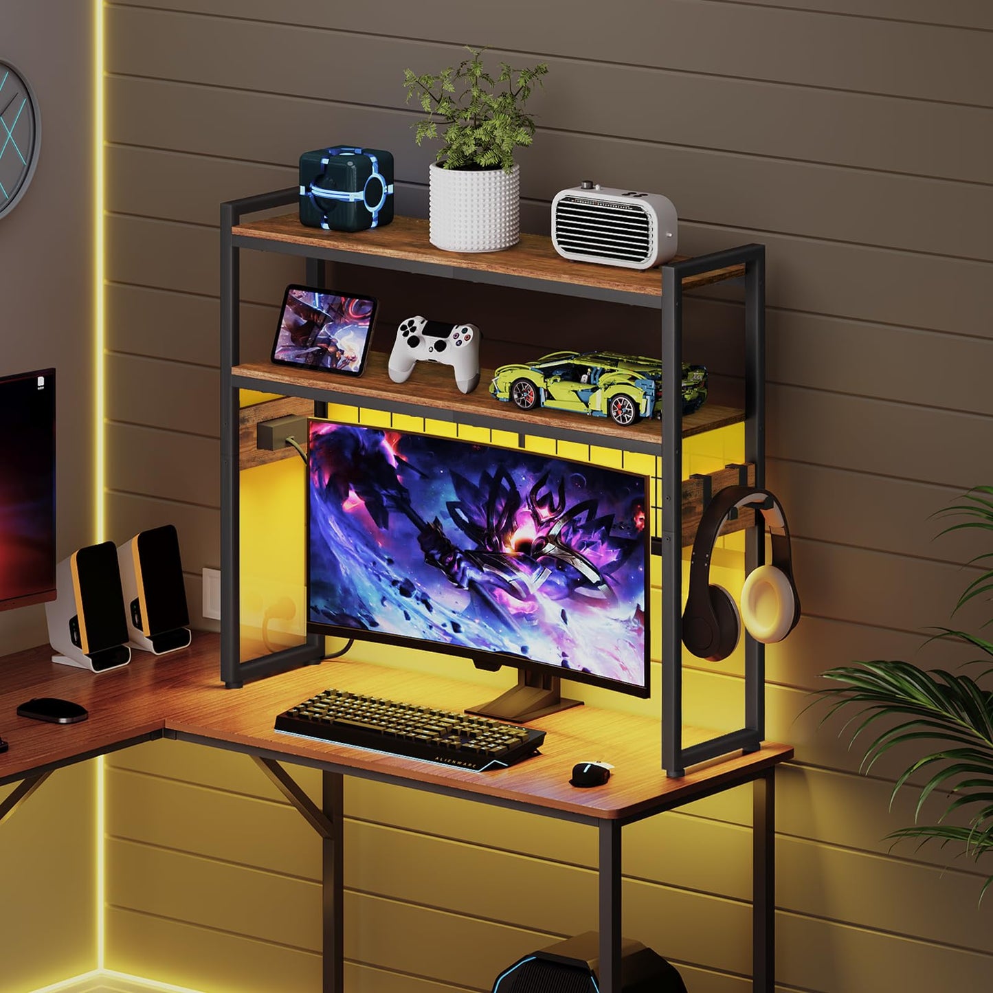 HOOBRO Desktop Bookcase, 2-Tier Office Desktop Organizer, 29.9" Wooden Storage Rack with Outlets, Display Shelf Rack with Light Strip, Desk Hutch for Office, Rustic Brown BF11UDSJ01