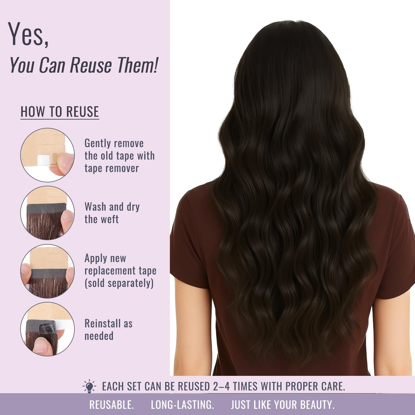 Fshine Tape in Hair Extensions Dark Brown Skin Weft Remy Human Hair, Full Head Straight Natural Extensions, Seamless Invisible Adhesive, Perfect for Daily Wear, Vacations,20pcs, 18 Inch 50g