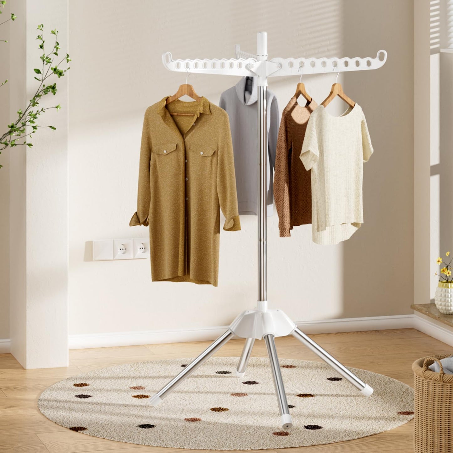 Abiglifty Clothes Drying Rack, 60-Inch Foldable and Rotatable Clothes Drying Rack, Folding Laundry Rack with 3 Rotatable Arms, Free Standing Laundry Racks for Indoor or Balcony Use, 154 cm H, White