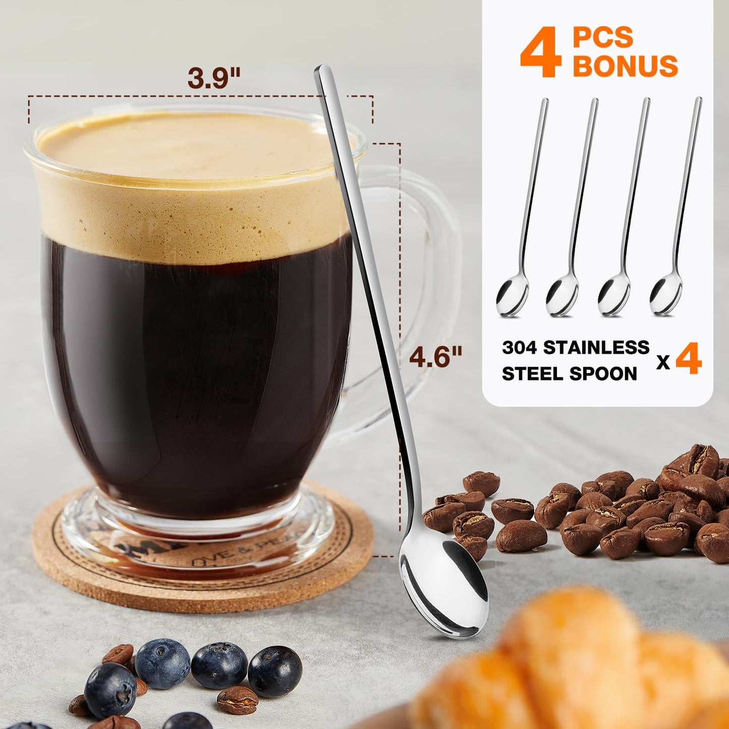 Mfacoy Glass Coffee Mugs Set of 4, Clear Large Coffee Mug 15 Oz With Handles for Hot Beverages, Clear Mugs for Tea, Cappuccino, Latte, Espresso Coffee, Juice, Glass Coffee Cups