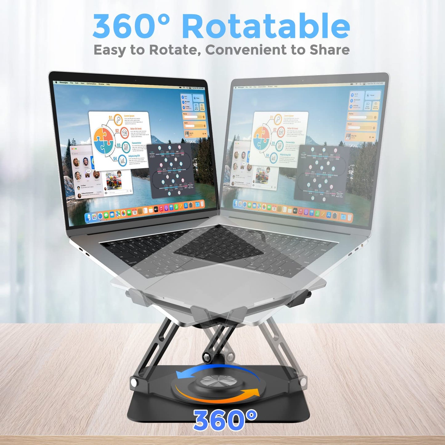 Swivel Laptop Stand for Desk, Adjustable Height Aluminum Computer Stand with 360 Rotating Base, Foldable Ergonomic Riser, Portable Laptop Holder Compatible with MacBook, All Laptops 10-17'', Black