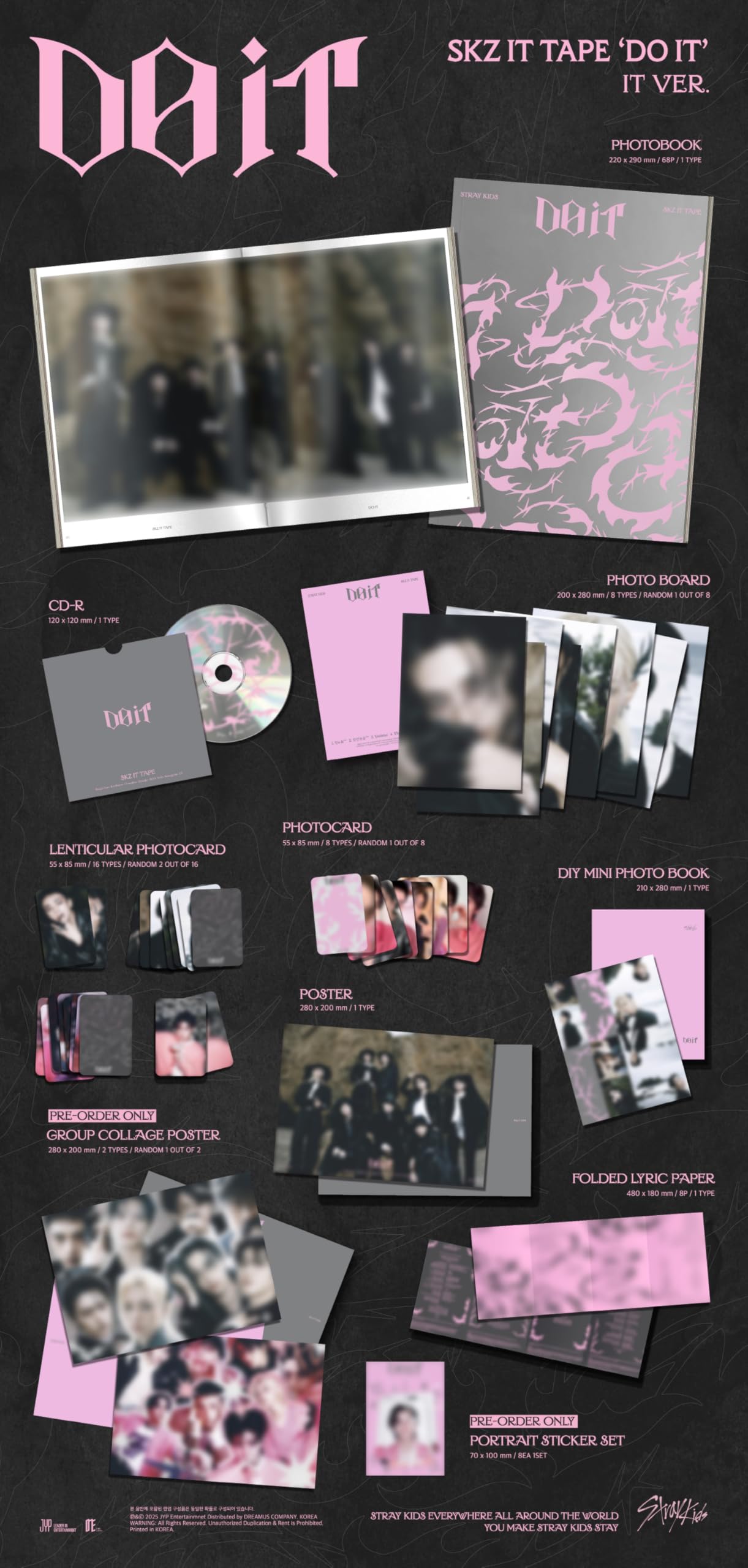 Stray Kids DO IT SKZ IT TAPE Album IT Version CD+PhotoBook+PhotoBoard+PhotoCard+Lenticular Card+DIY Mini PhotoBook+Poster on Pack+Folded Lyric Paper+Tracking Sealed SKZ