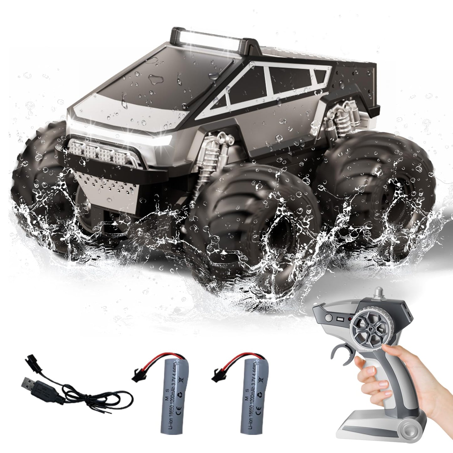 RC Car,Amphibious Remote Control Car Waterproof Monster Truck,4WD All Terrain Off-Road 2.4GHZ Vehicles,1:16Scale Hobby Monster Truck Toys,RC Rock Crawler for Boys Girls Kids Age 6 7 8 9 10+(Grey)