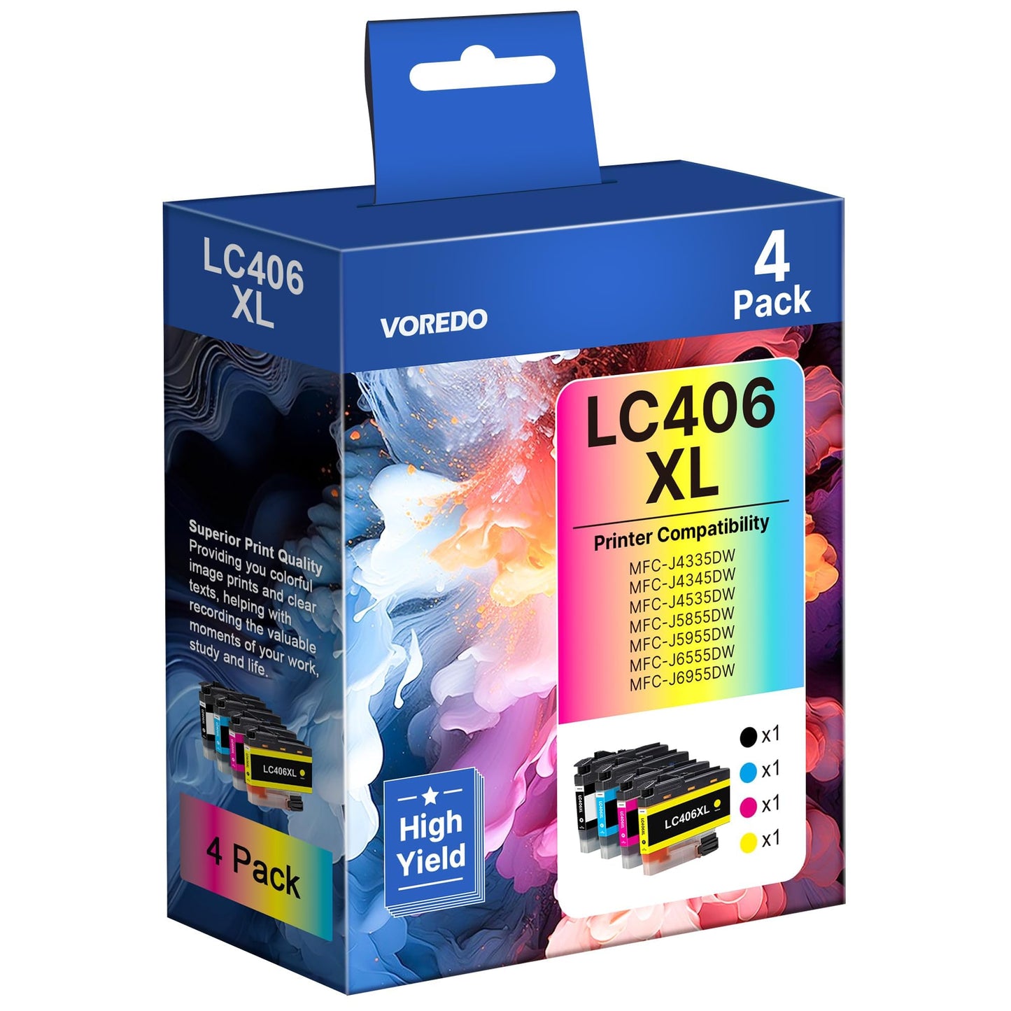 LC406XL Ink Cartridges Combo Pack Replacement (4-Pack, B/C/M/Y) VOREDO- Compatible for LC406XLBKS LC4063PKS LC406 use with MFC-J4535DW MFC-J4335DW MFC-J5855DW MFC-J6555DW MFC-J6955DW