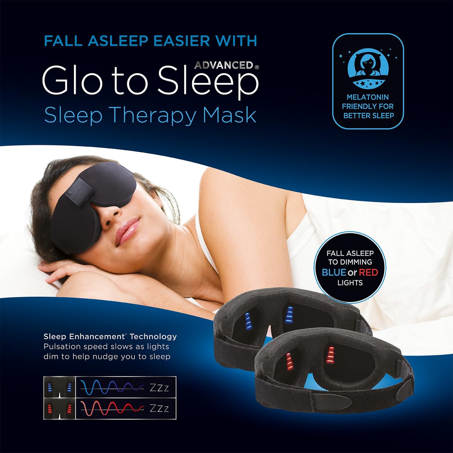 Advanced Glo to Sleep Eye Mask, Nighttime Adult Sleep Aid for Men & Women, Deep REM Sleep, Relaxation, Red & Blue lighting, patented Sleep Enhancement Technology helps you fall asleep quickly.