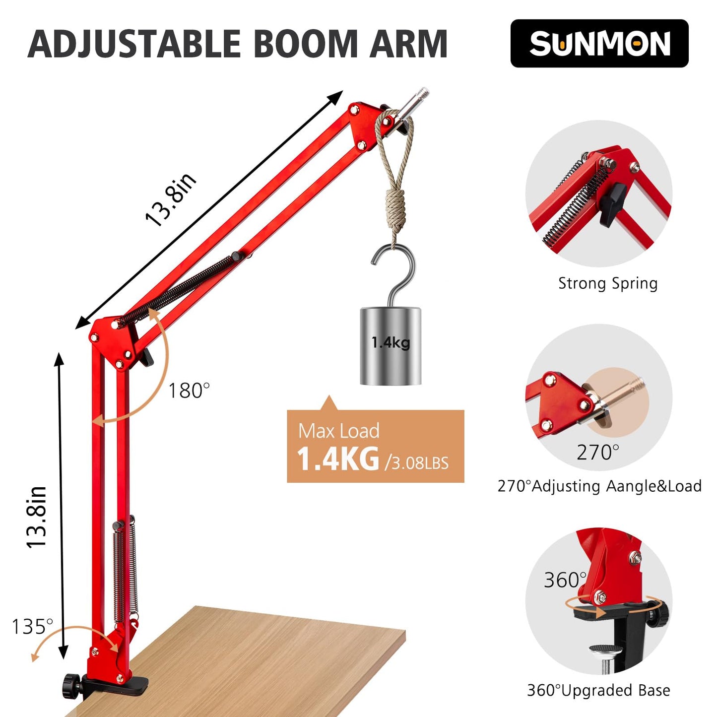 SUNMON QuadCast Boom Arm - Upgraded Red Boom Arm for QuadCast with Mic Windscreen, Sound Insulation and Noise Reduction, Microphone Arm with 3/8" to 5/8" Adapter
