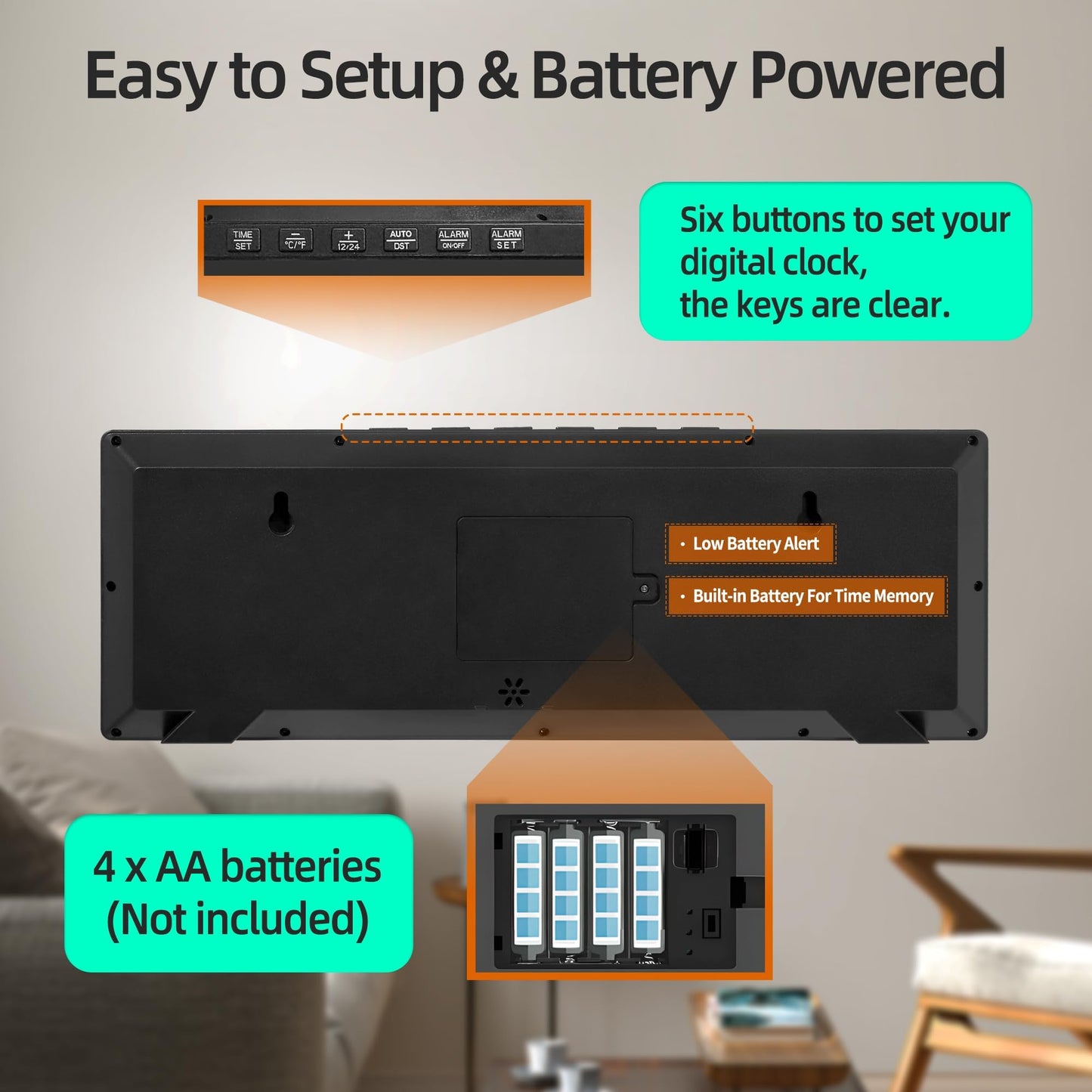 Mee 2ou Digital Wall Clock Battery Operated, 15" Digital Clock Large Display With Date And Day Of Week, Large Number Digital Clock With Temperature, Auto DST, Alarm, Snooze, 12/24-hour For Desk Office