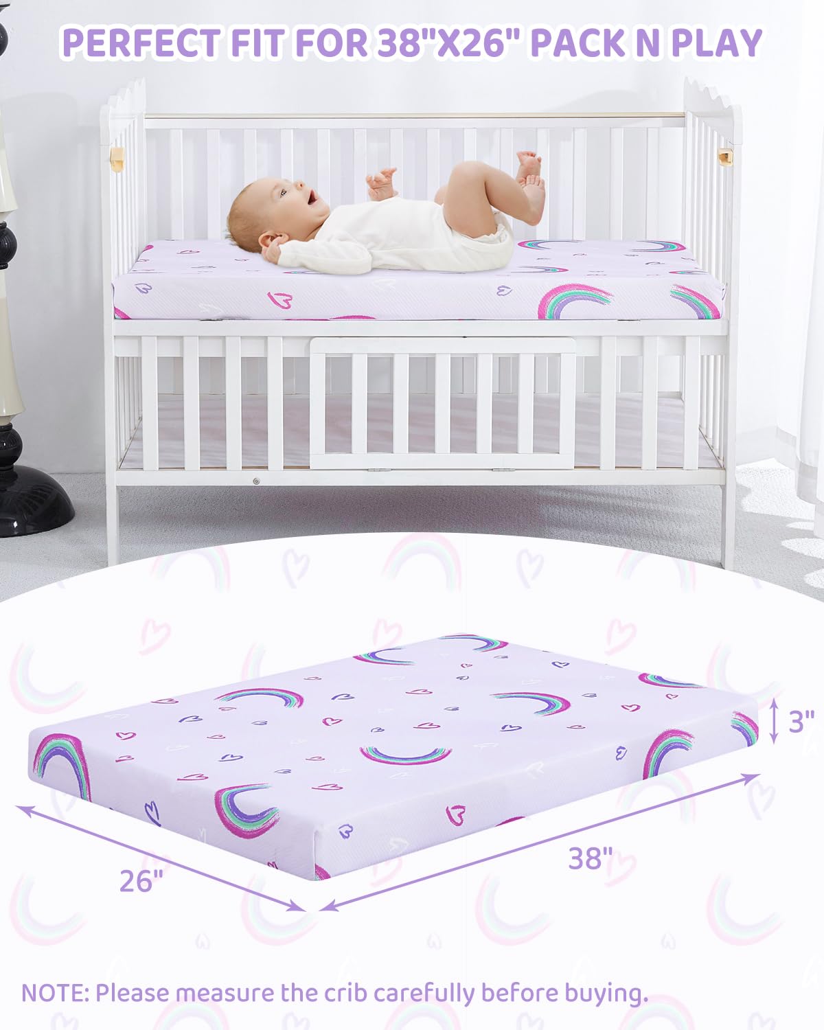 Pack and Play Mattress - 38" x 26" Soft Breathable Portable Mattres Waterproof & Washable Perfectly fits Pack n Play