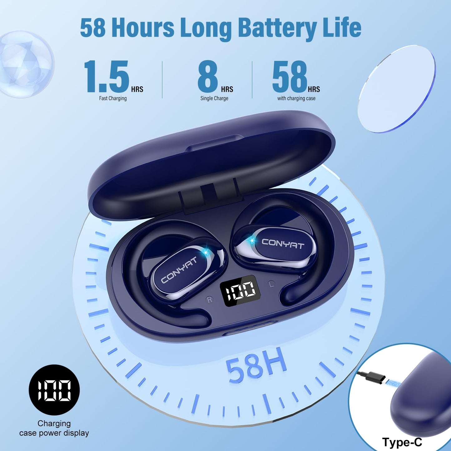 Conyat AI Language Translation Earbuds Real Time, 3-in-1 Translator Earbuds Open Ear with 7 Translation Modes/164 Language, 58H Headphones Translating Device for Travel/Business//Leaning, Blue
